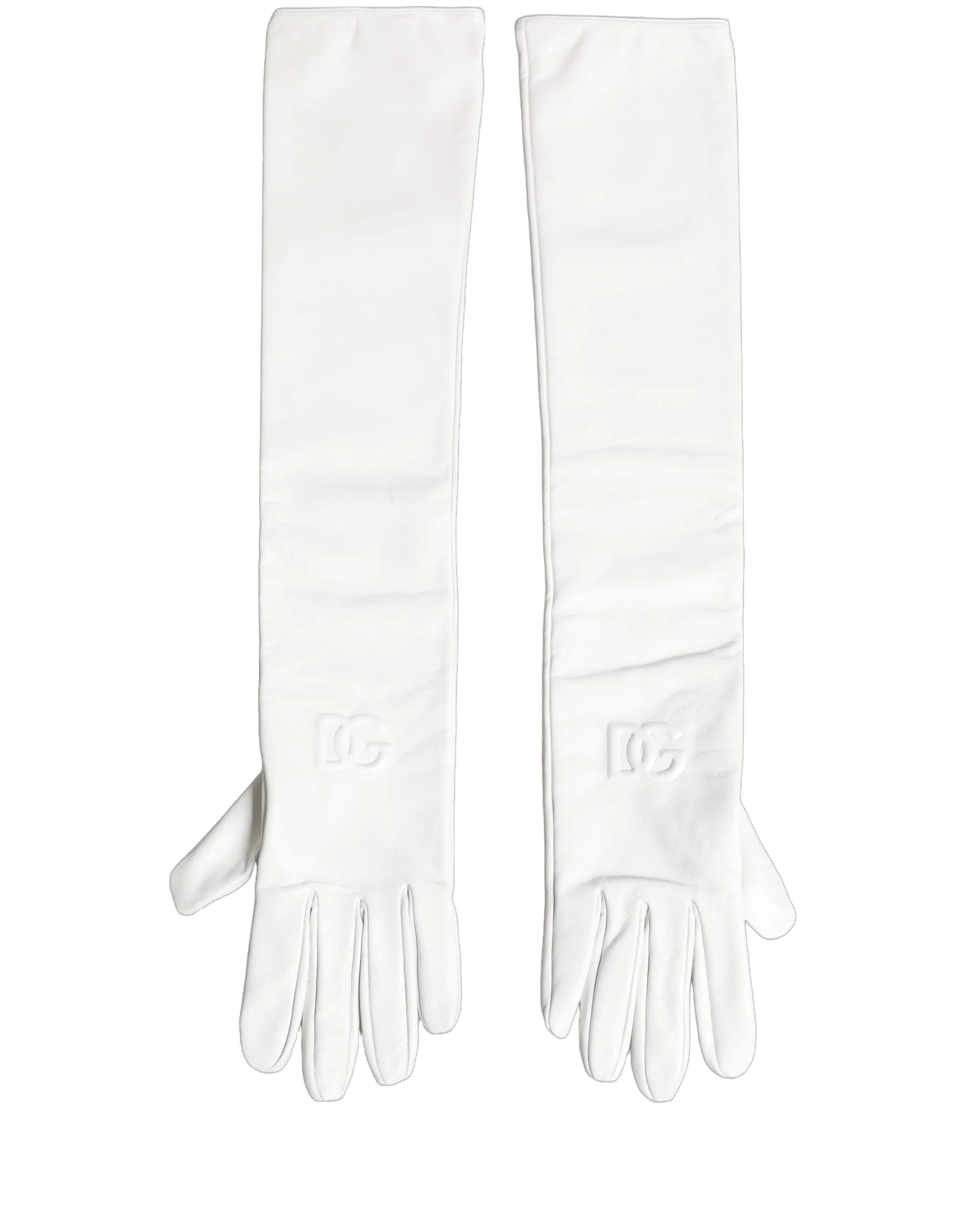 Dolce & Gabbana Embossed Logo Leather Gloves — White, view 2