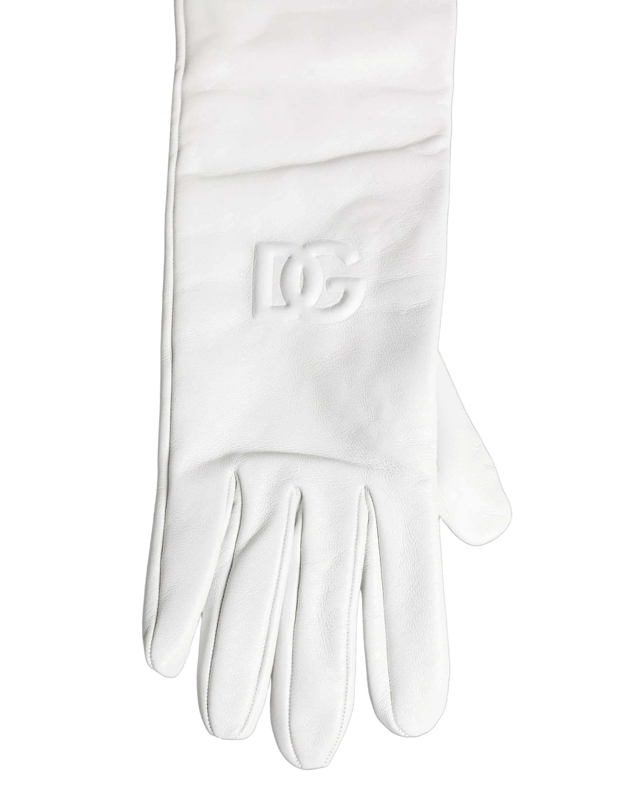Dolce & Gabbana Embossed Logo Leather Gloves — White, view 3