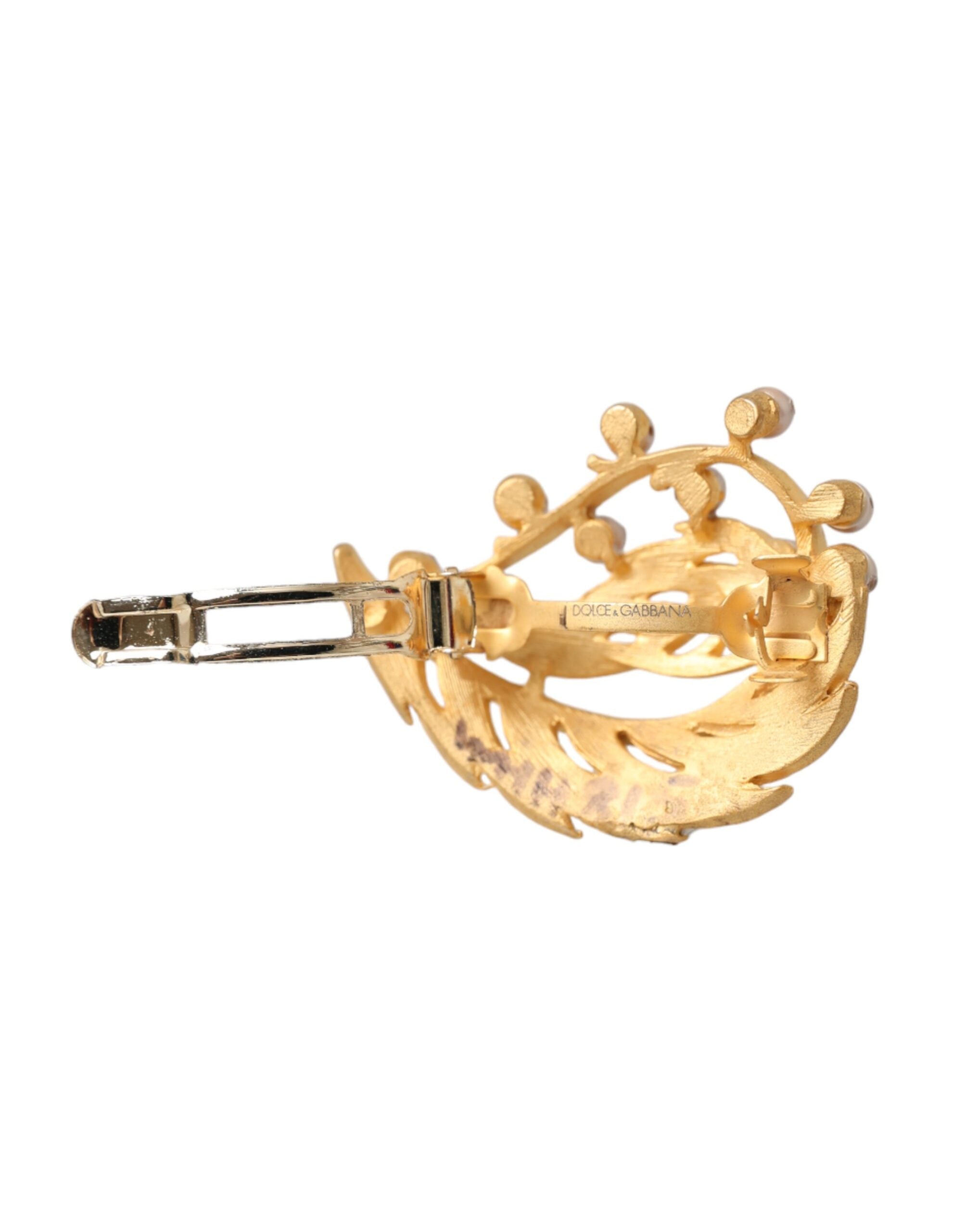 Dolce & Gabbana Gold Brass Leaf Embellished Hair Pin — Gold, view 4