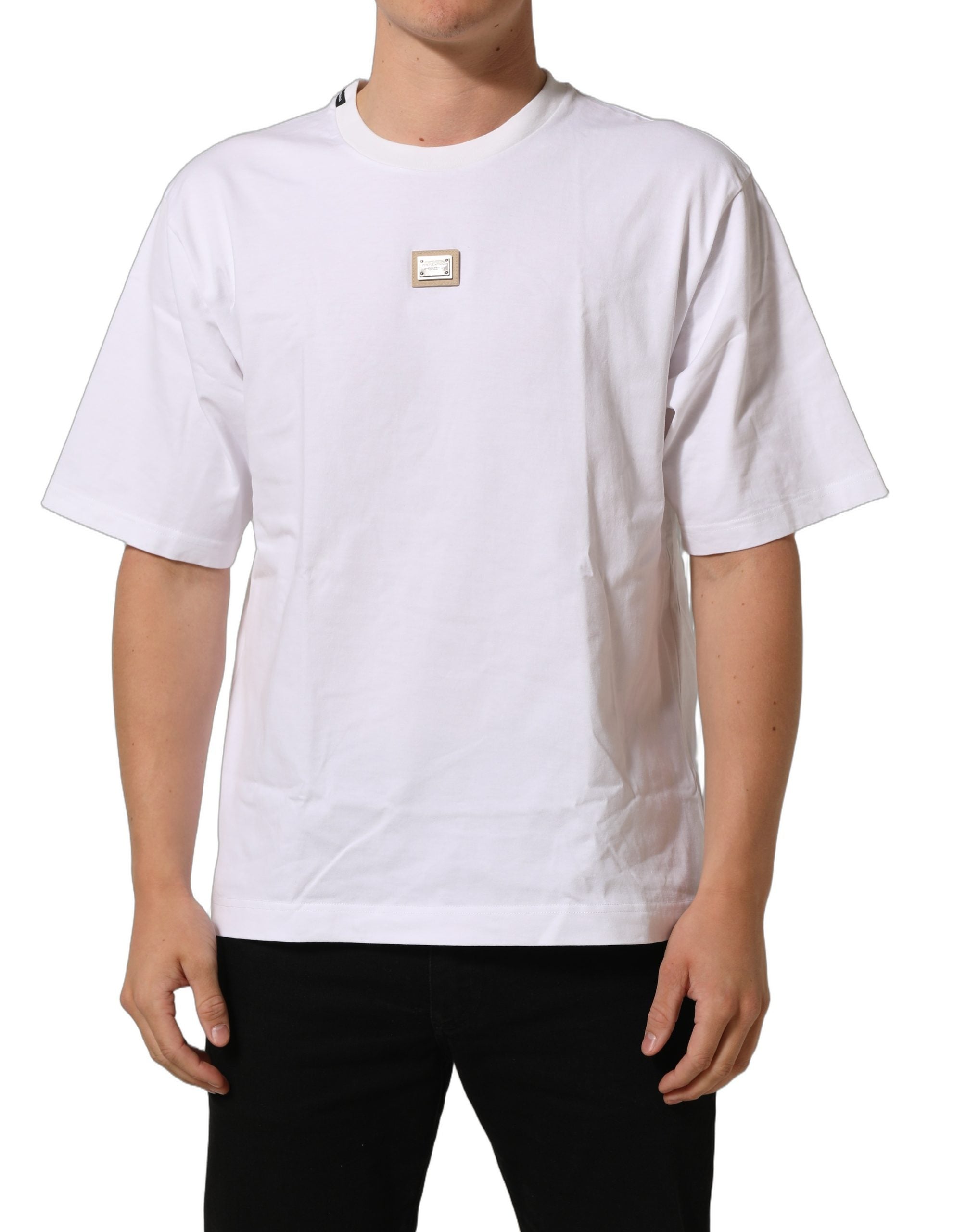 Dolce & Gabbana Metal Logo Plaque T-Shirt — White, view 4
