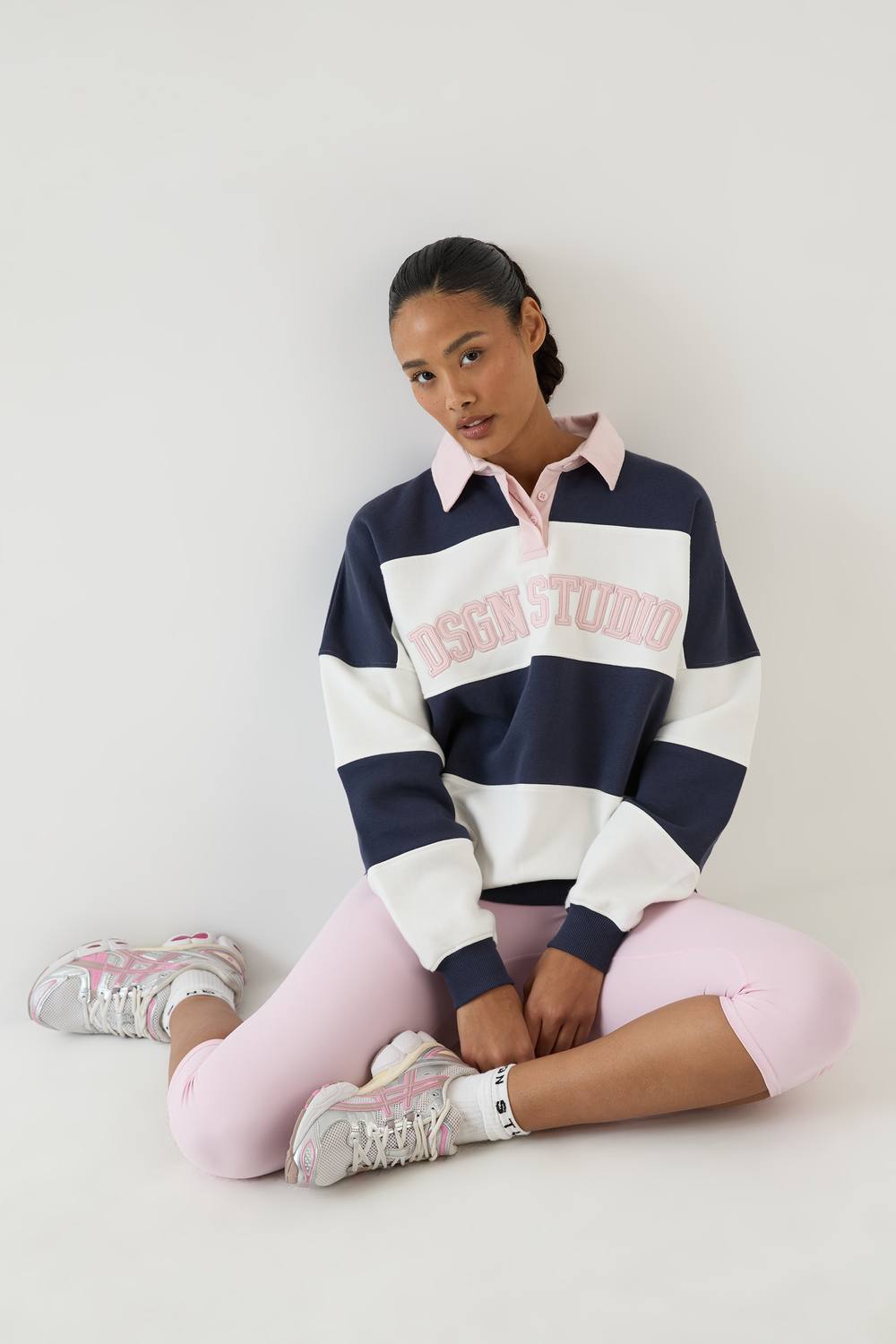 DSGN Studio Women's Contrast Stripe Rugby Sweatshirt in Navy by boohoo