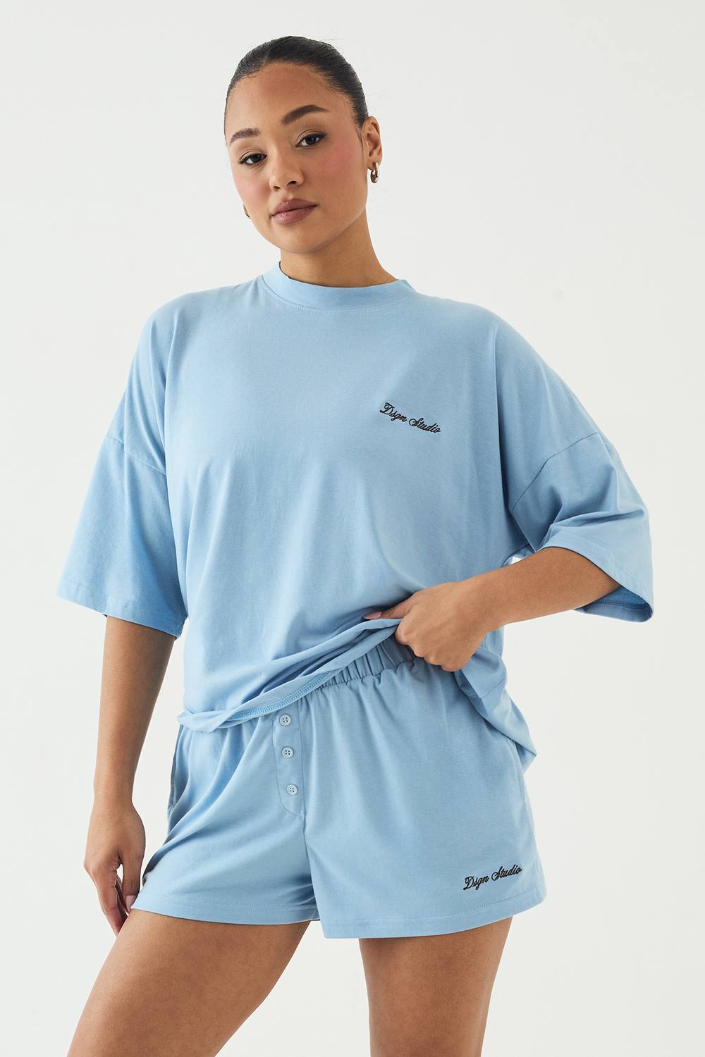 DSGN Studio Women's Lounge Henley Button Supersoft Short in Light Blue by boohoo