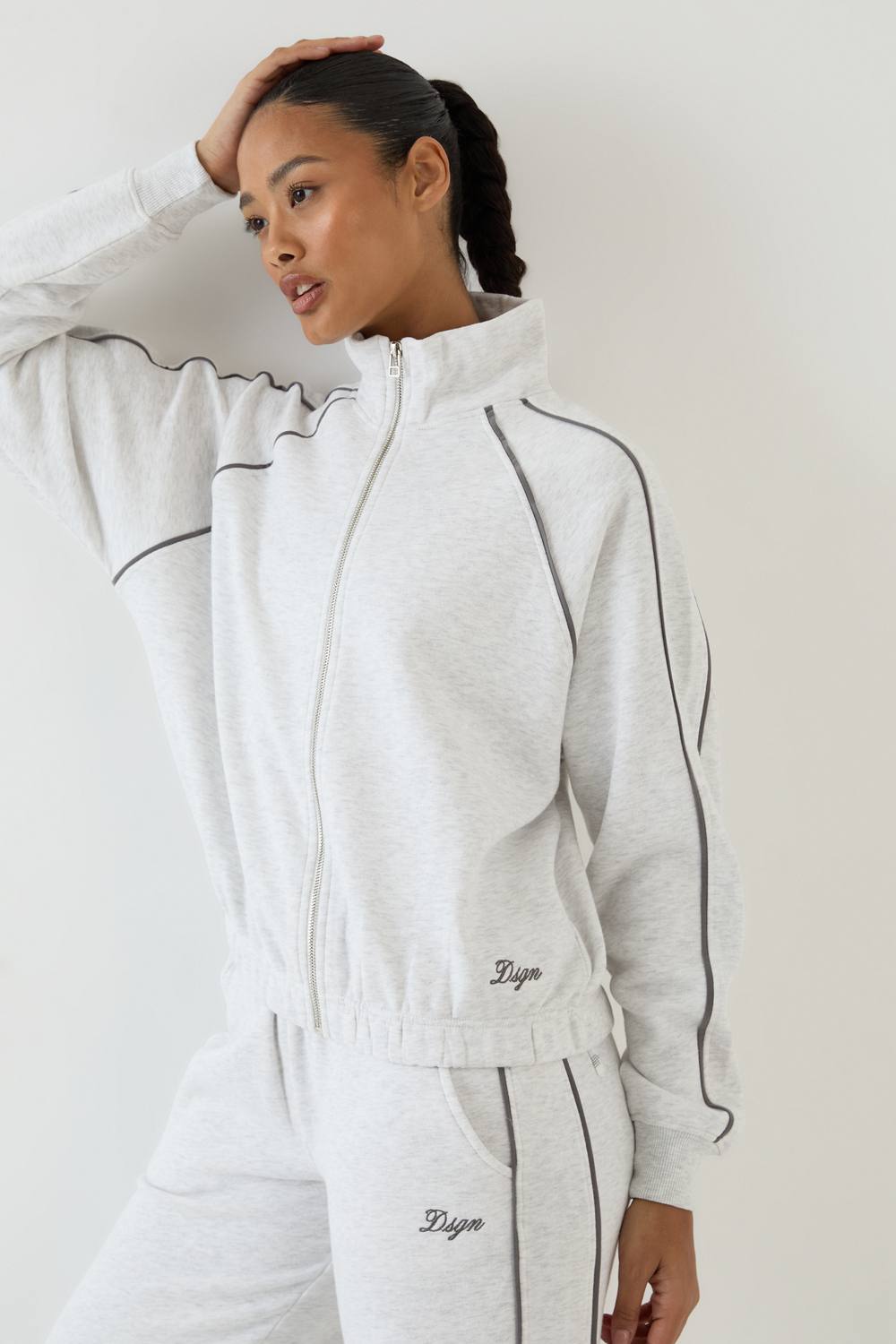 DSGN Studio Women's Script Piping Oversized Zip Through Bomber Sweatshirt in Ash Grey by boohoo
