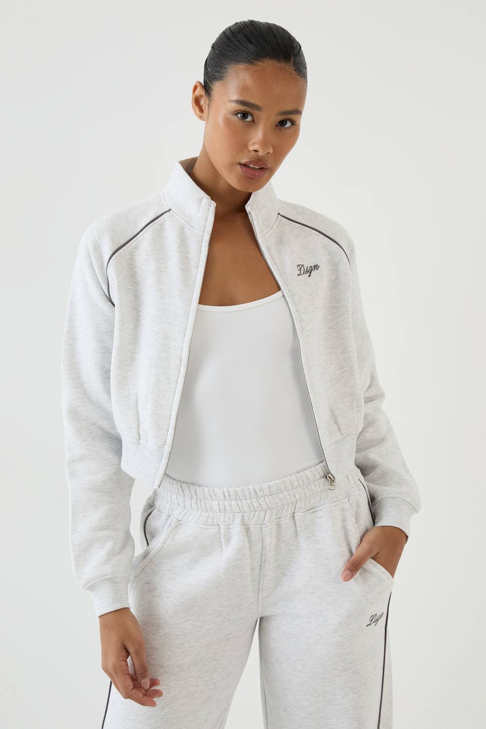 DSGN Studio Women's Script Piping Slim Zip Through Bomber Sweatshirt in Ash Grey by boohoo