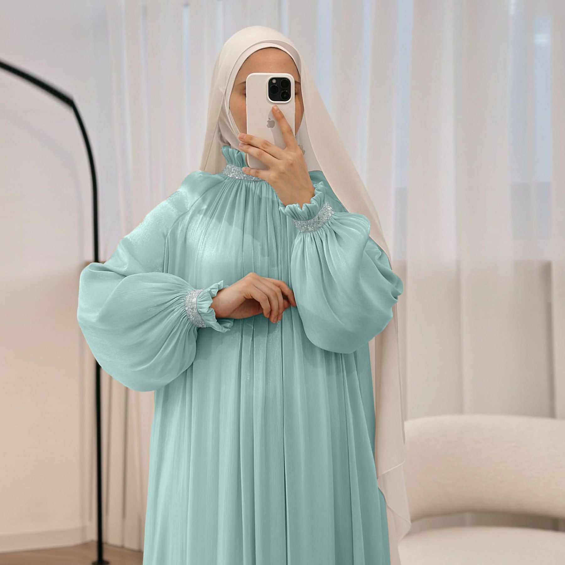 Elegant Glossy Flower Cuff Sequinned Abaya, view 5