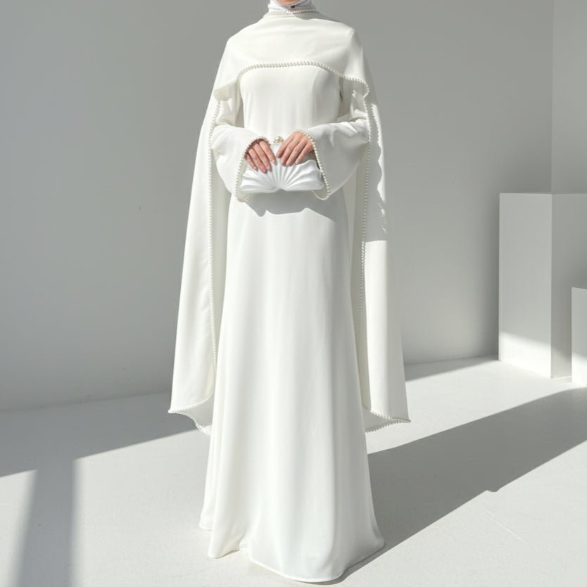 Elegant Pearl Embellished Cape Sleeve Evening Dress(MA337) by Mariam's Collection