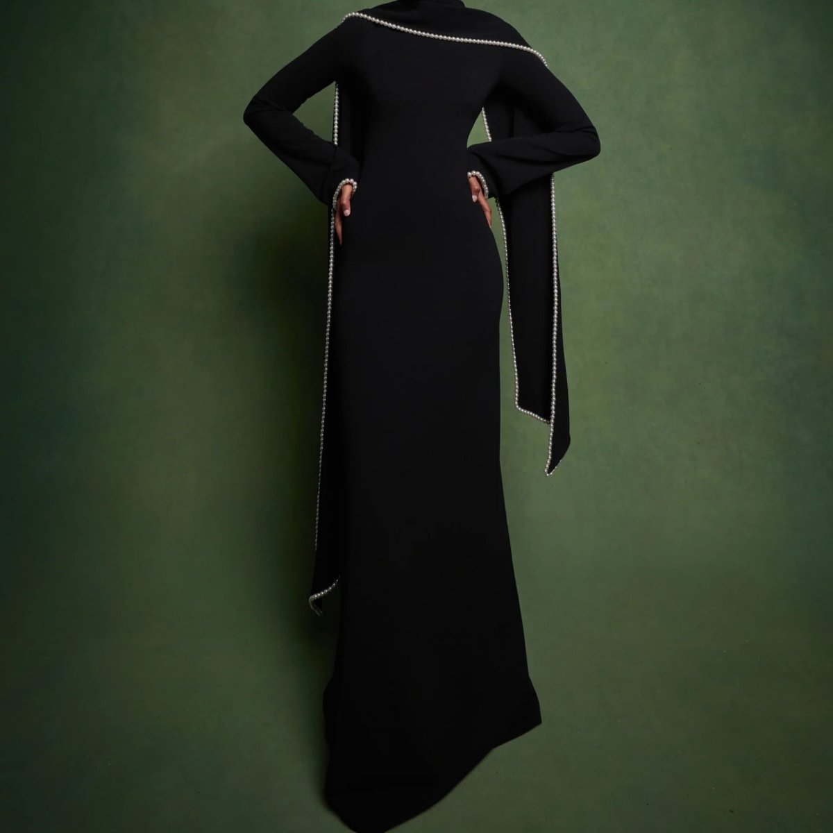 Elegant Pearl Embellished Cape Sleeve Evening Dress(MA337), view 3