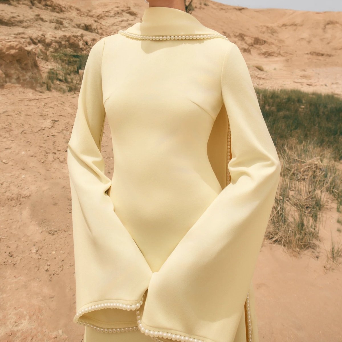 Elegant Pearl Embellished Cape Sleeve Evening Dress(MA337), view 4
