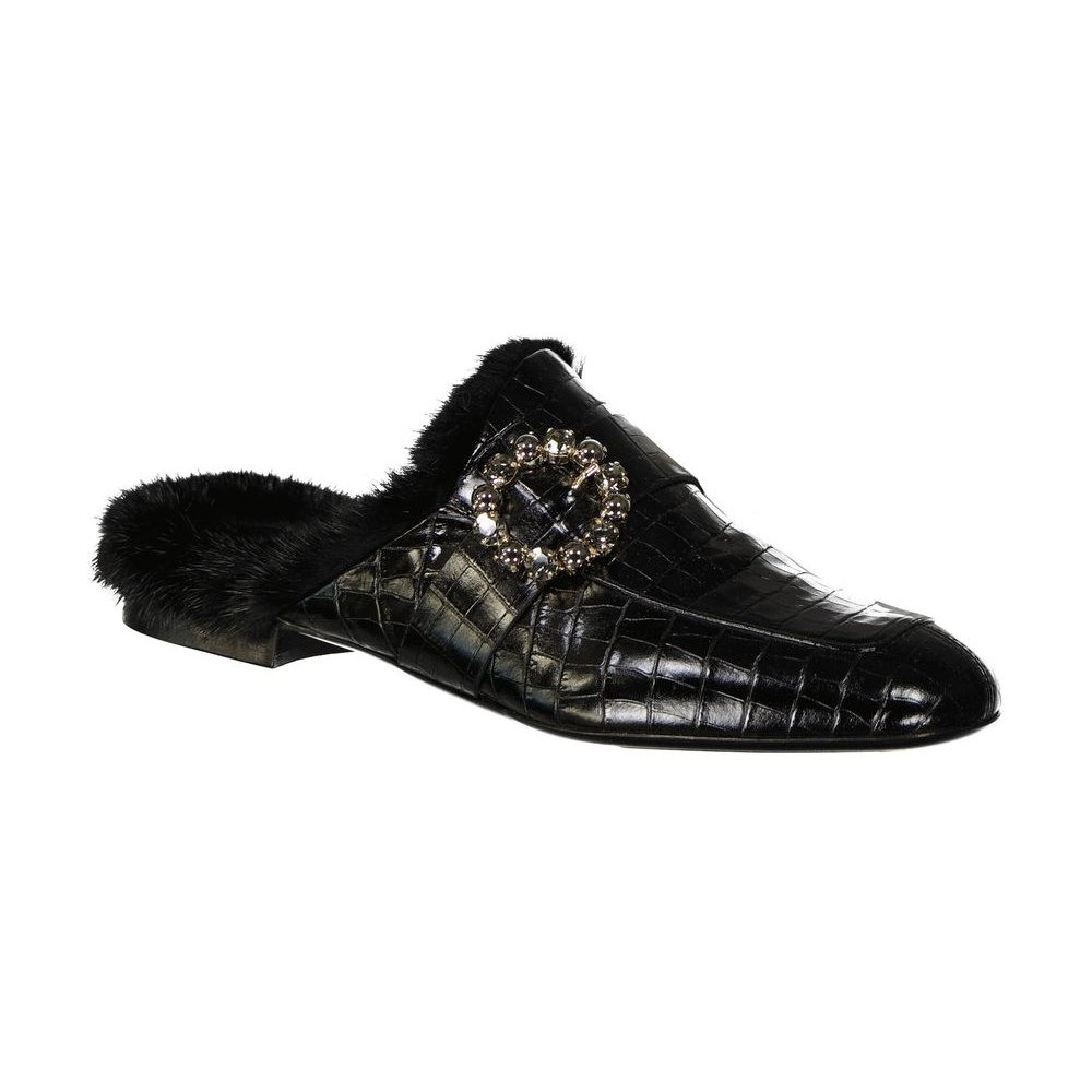 Eleventy Crocodile-Embossed Calf Leather Mule — Black, view 2