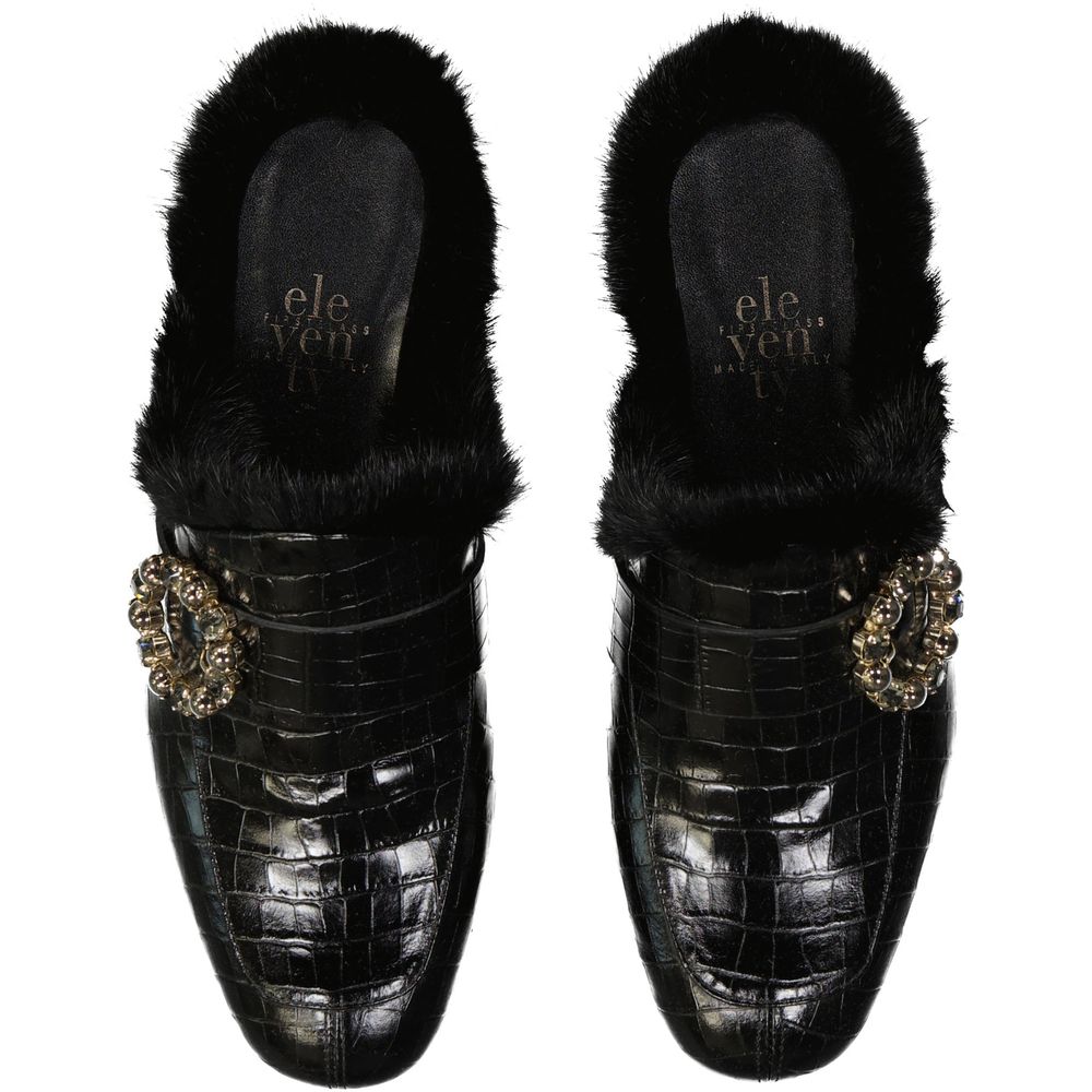 Eleventy Crocodile-Embossed Calf Leather Mule — Black, view 4
