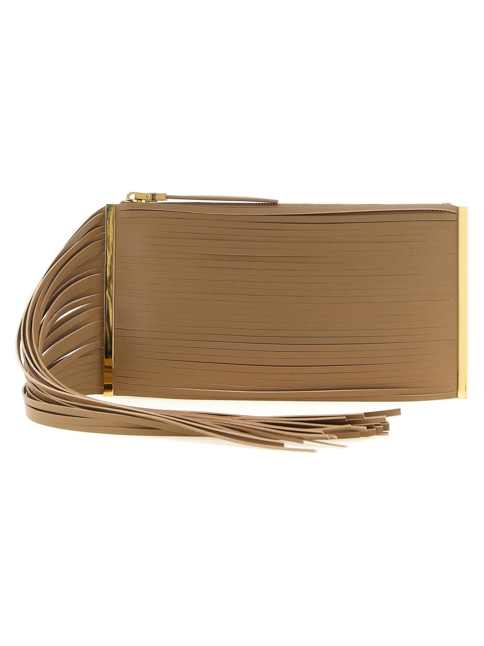 Elisabetta Franchi Fringed Leather Clutch — Camel by Elisabetta Franchi