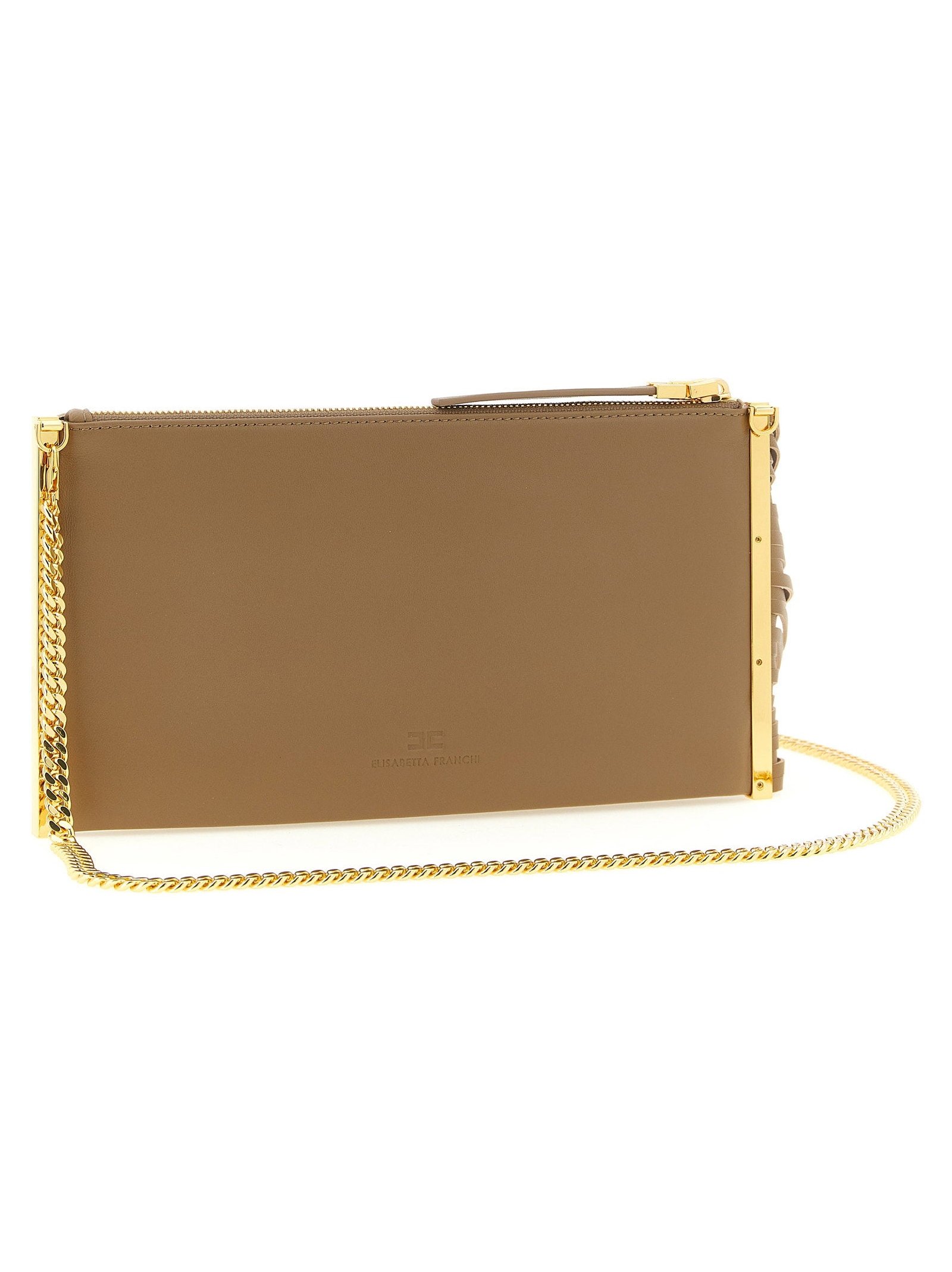 Elisabetta Franchi Fringed Leather Clutch — Camel, view 2