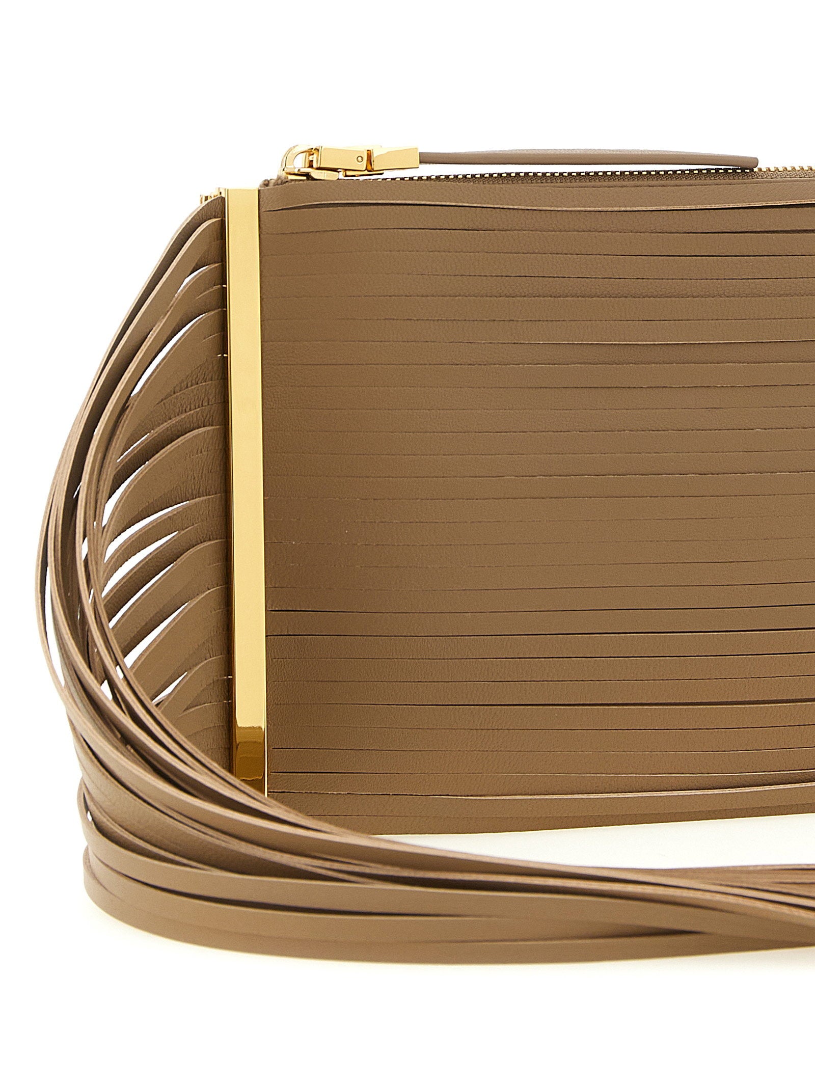 Elisabetta Franchi Fringed Leather Clutch — Camel, view 3