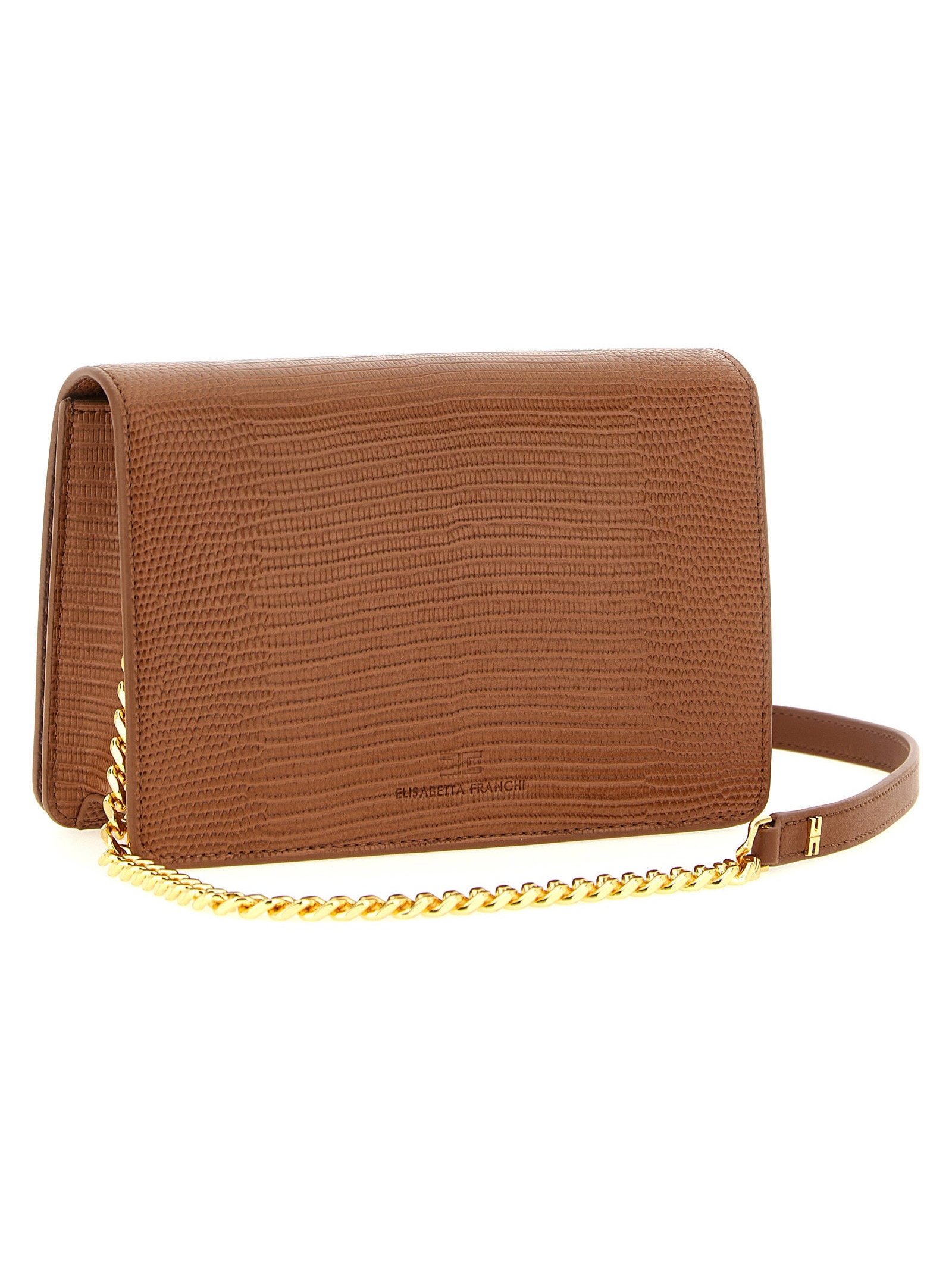 Elisabetta Franchi Lizard-Embossed Leather Crossbody Bag — Cognac, view 2