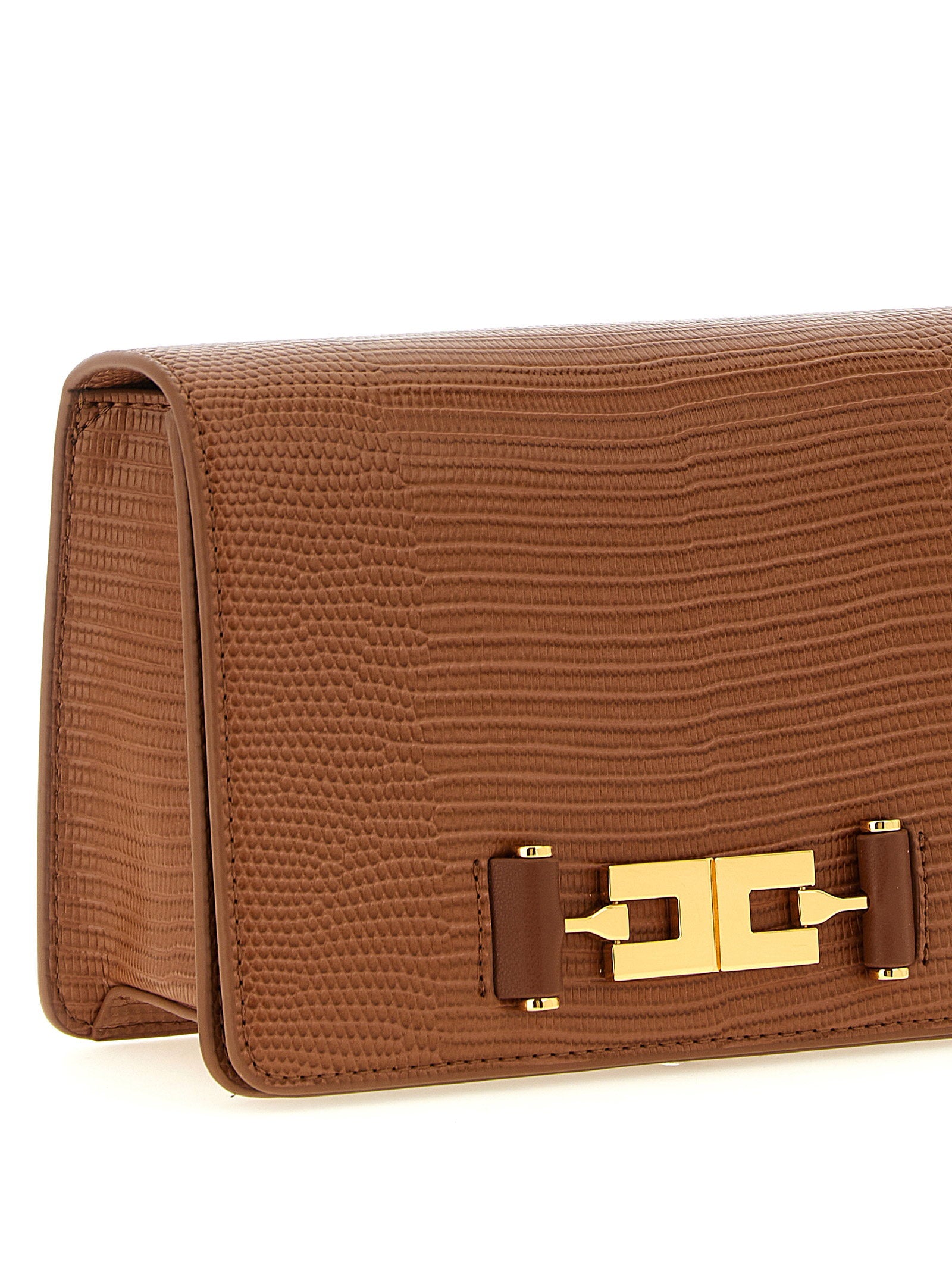 Elisabetta Franchi Lizard-Embossed Leather Crossbody Bag — Cognac, view 3