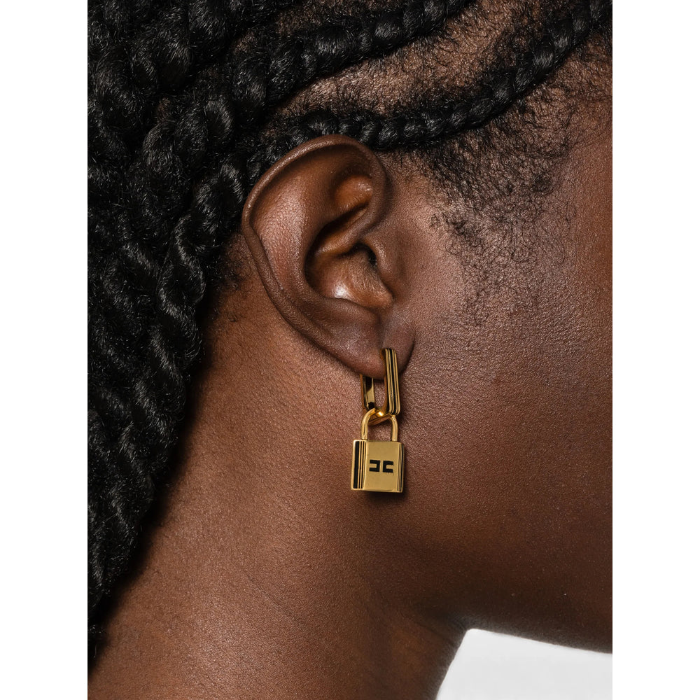 Elisabetta Franchi Padlock Motif Drop Earrings — Gold, view 3