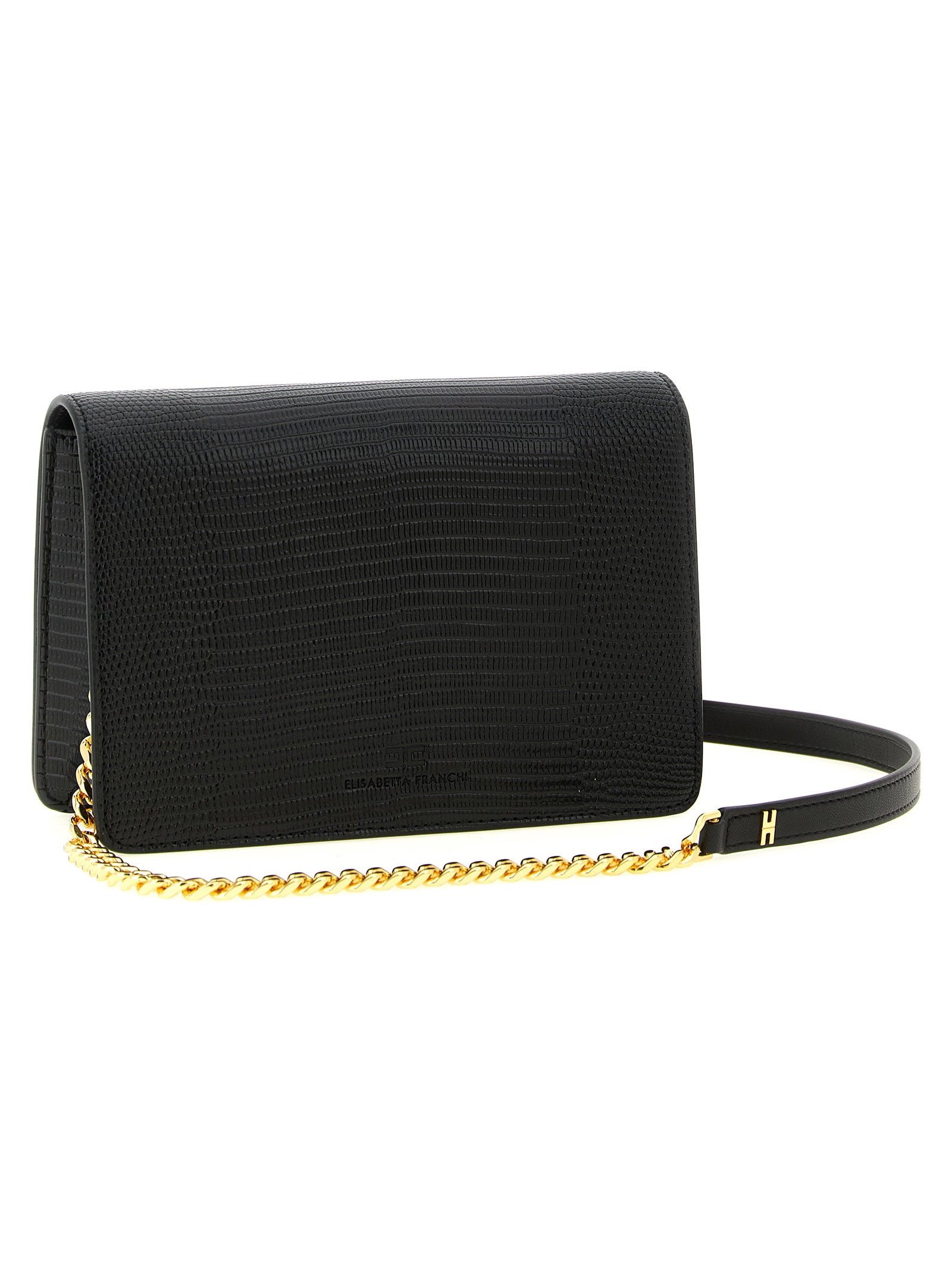 Elisabetta Franchi Lizard-Embossed Leather Shoulder Bag — Black, view 2