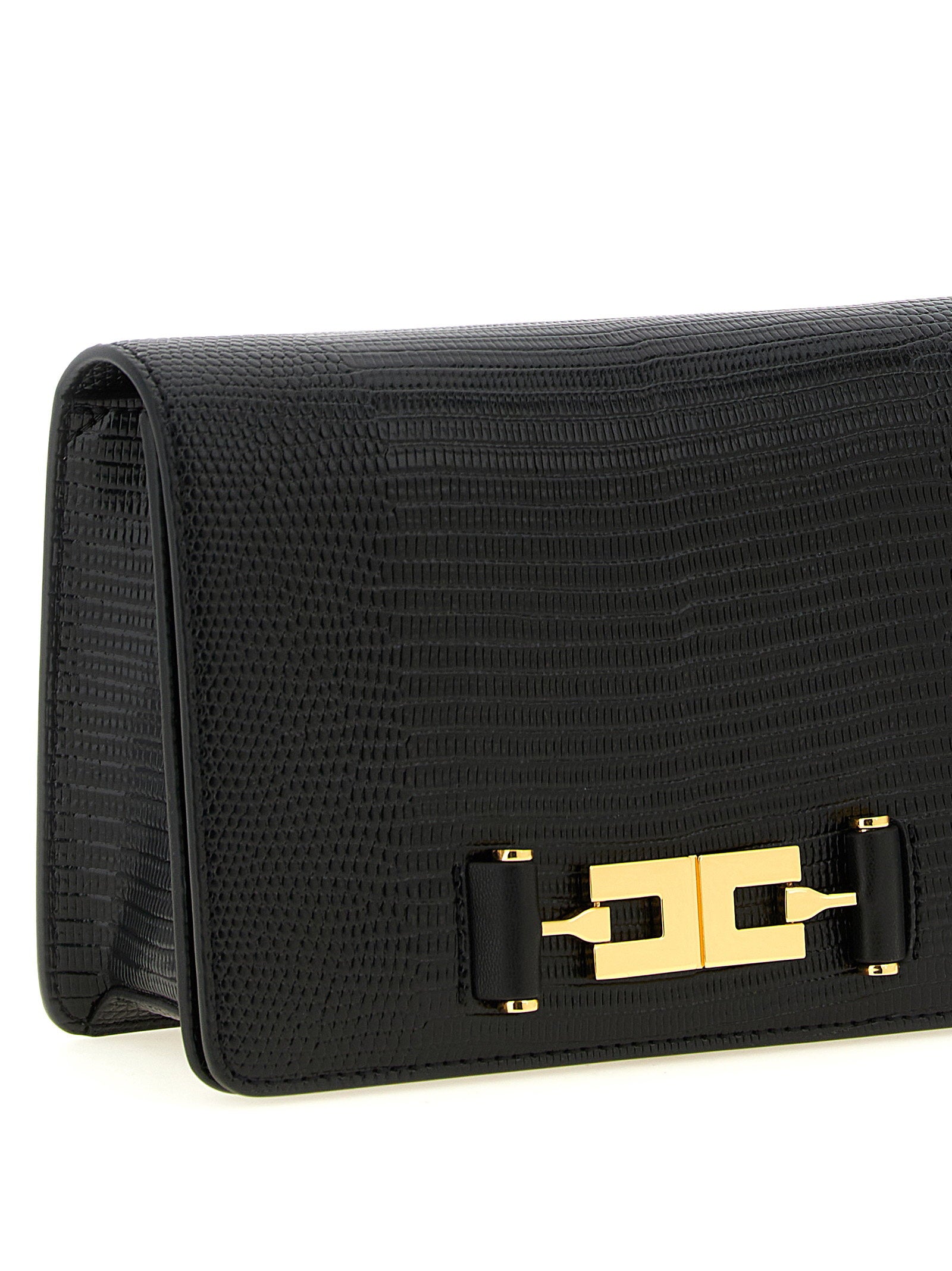 Elisabetta Franchi Lizard-Embossed Leather Shoulder Bag — Black, view 3