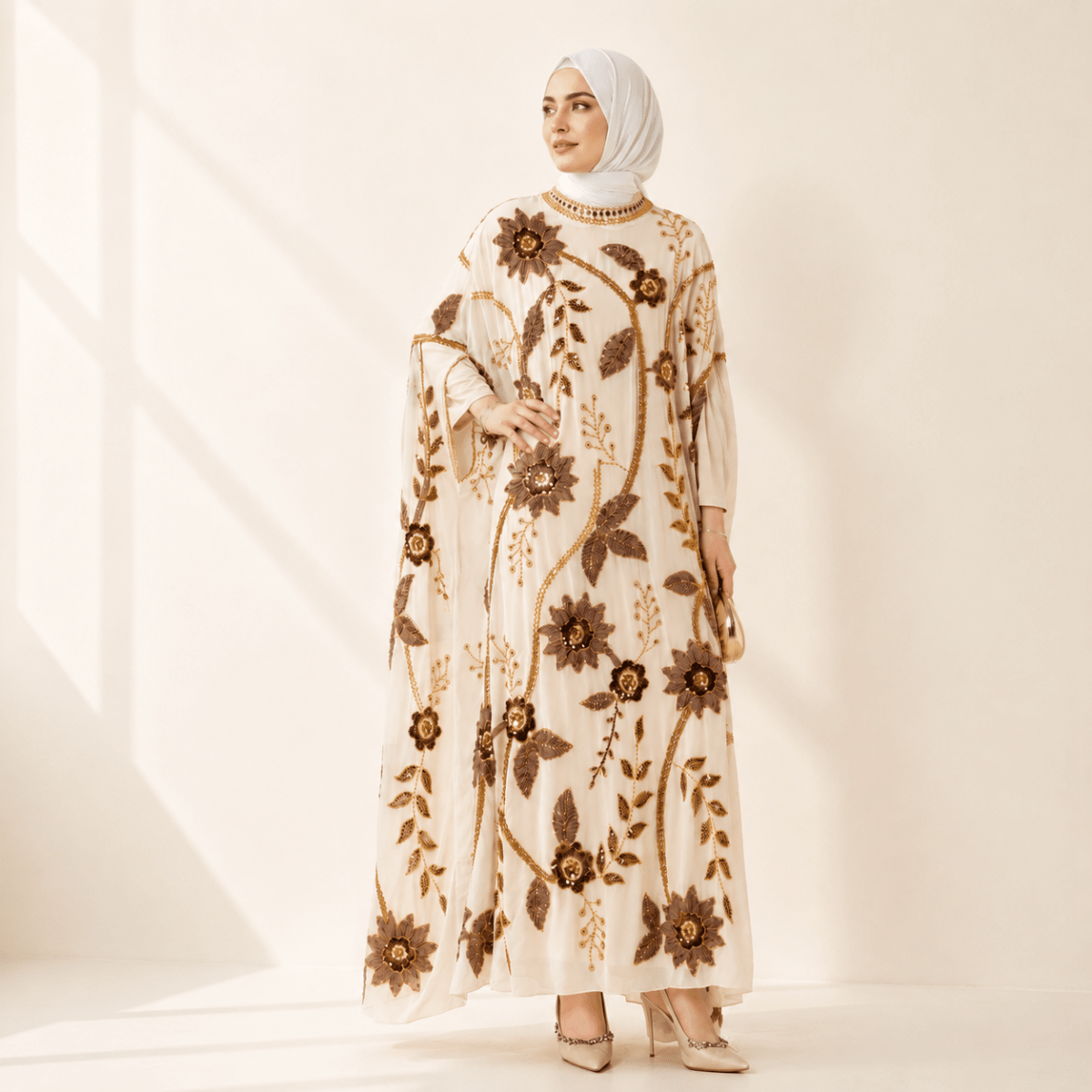 Embroidered Pearl Floral Abaya with Draped Batwing Sleeves(MA453) by Mariam's Collection