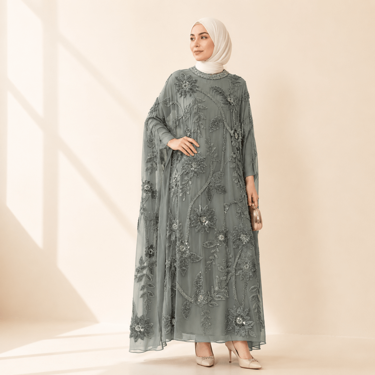 Embroidered Pearl Floral Abaya with Draped Batwing Sleeves(MA453), view 2