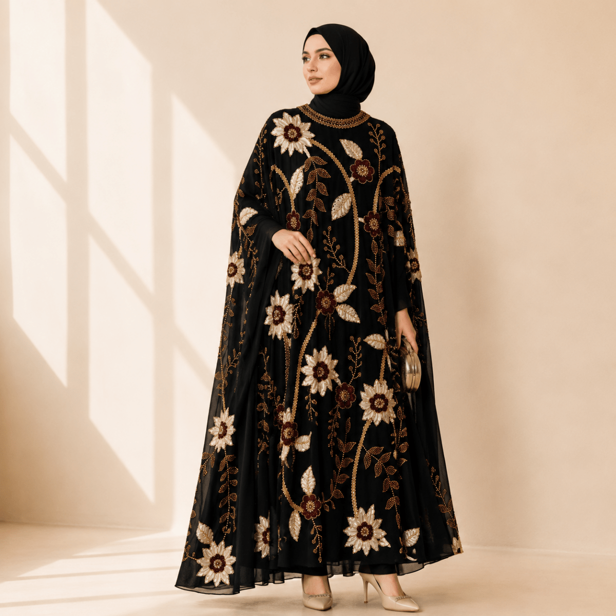 Embroidered Pearl Floral Abaya with Draped Batwing Sleeves(MA453), view 3