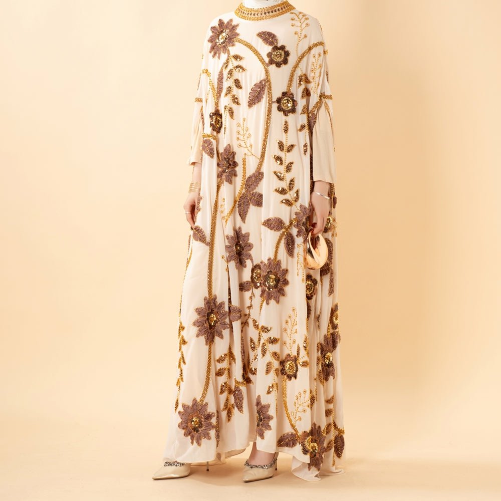 Embroidered Pearl Floral Abaya with Draped Batwing Sleeves(MA453), view 4