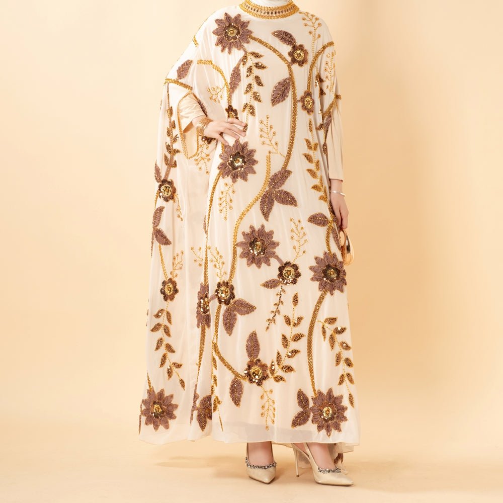 Embroidered Pearl Floral Abaya with Draped Batwing Sleeves(MA453), view 5