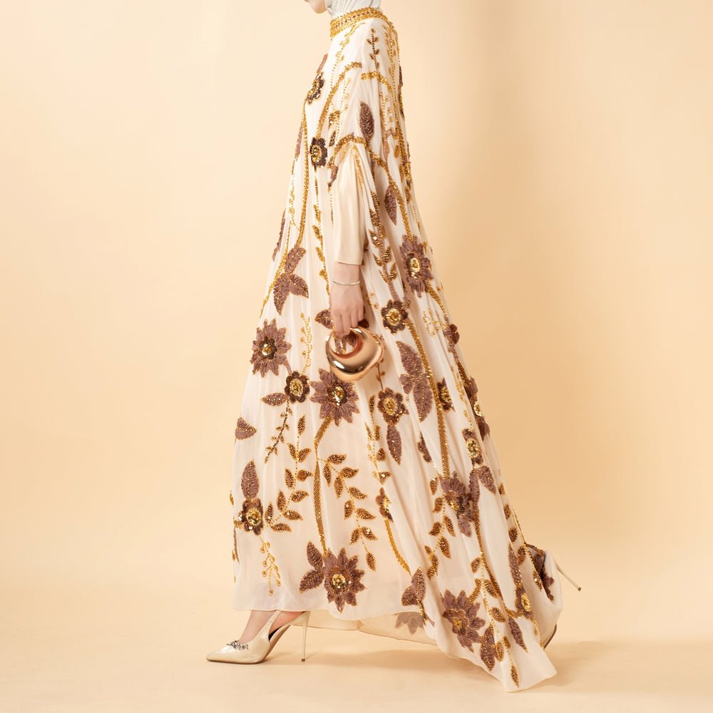 Embroidered Pearl Floral Abaya with Draped Batwing Sleeves(MA453), view 6