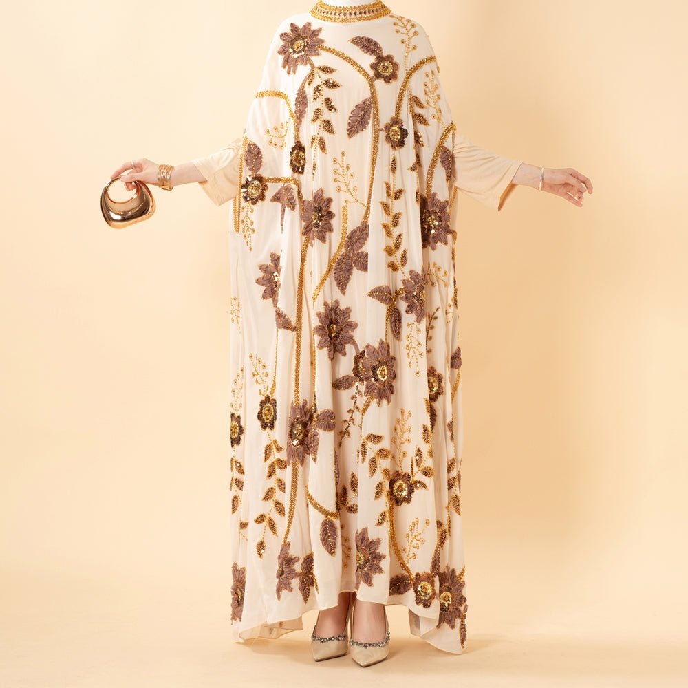 Embroidered Pearl Floral Abaya with Draped Batwing Sleeves(MA453), view 7
