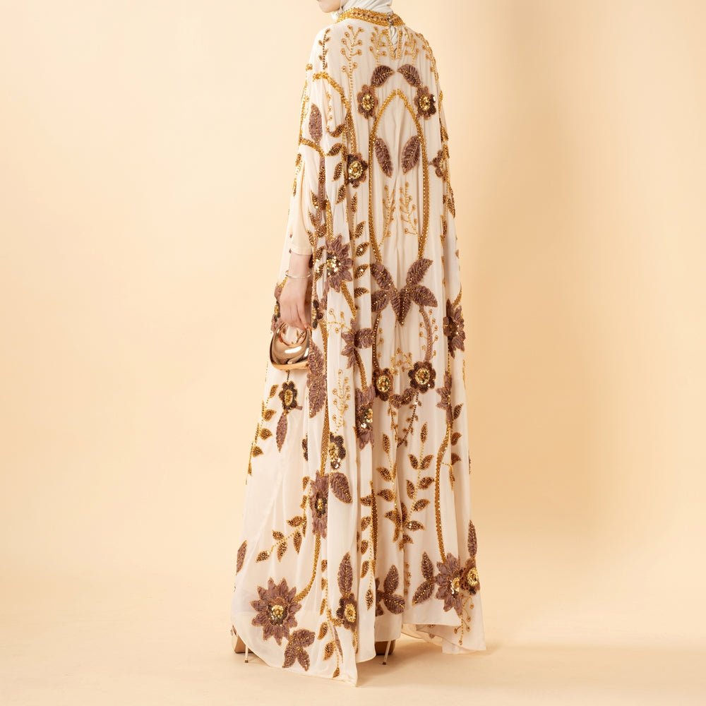 Embroidered Pearl Floral Abaya with Draped Batwing Sleeves(MA453), view 8