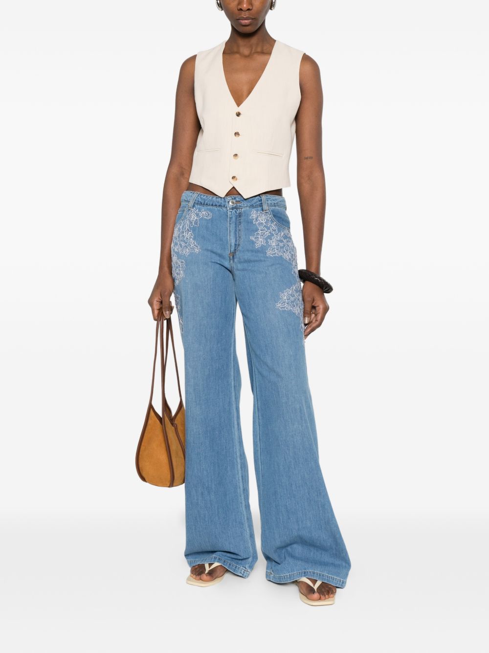 Ermanno Firenze Floral-Embroidered Denim Jeans — Light Blue, view 4