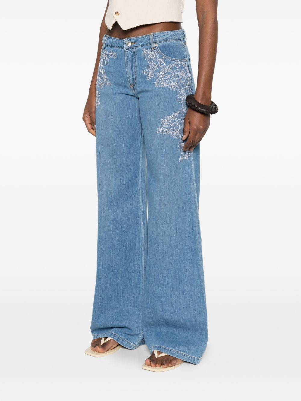 Ermanno Firenze Floral-Embroidered Denim Jeans — Light Blue, view 5