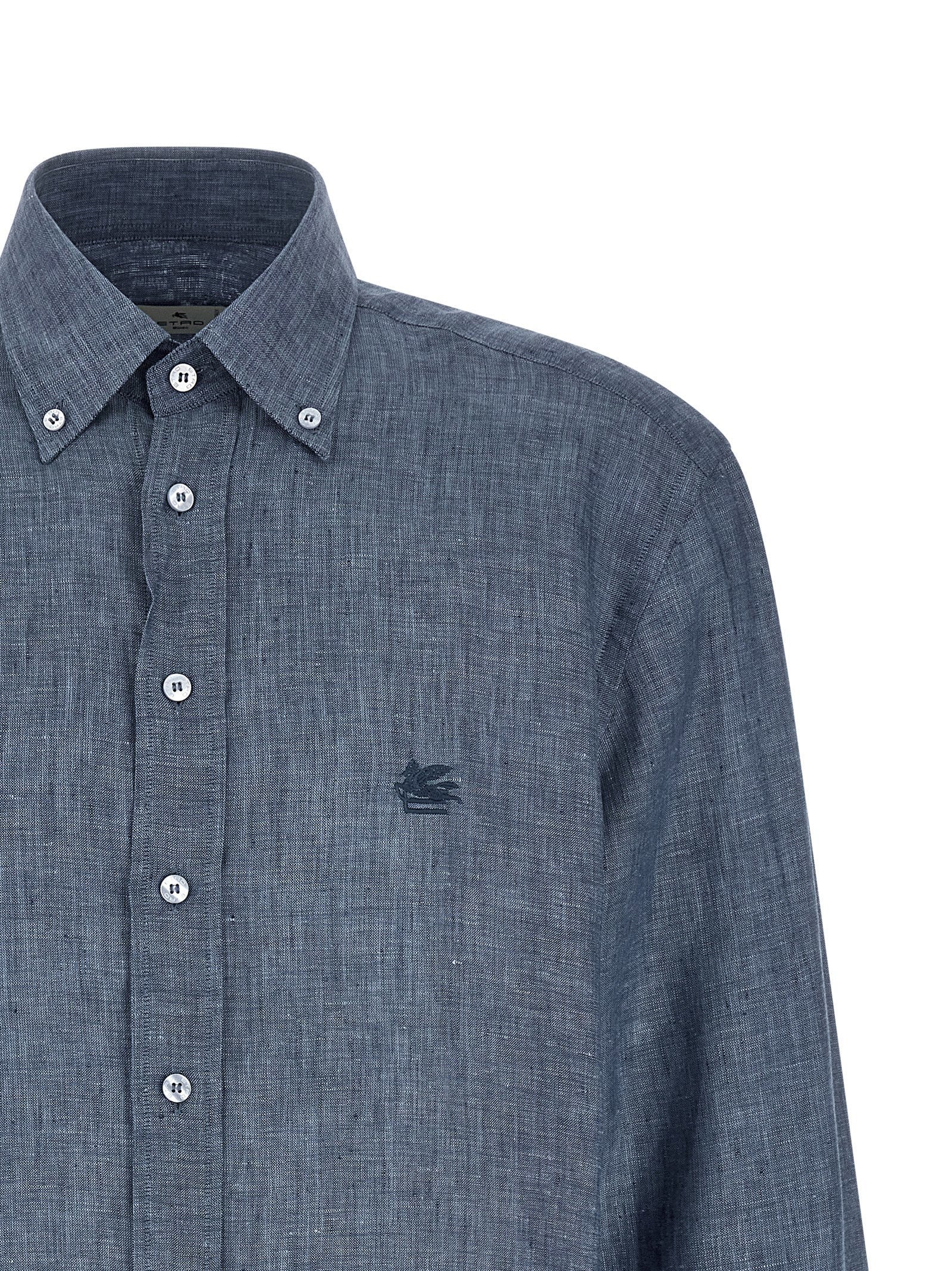Etro Linen Mélange with Embroidered Logo Shirt — Blue, view 3