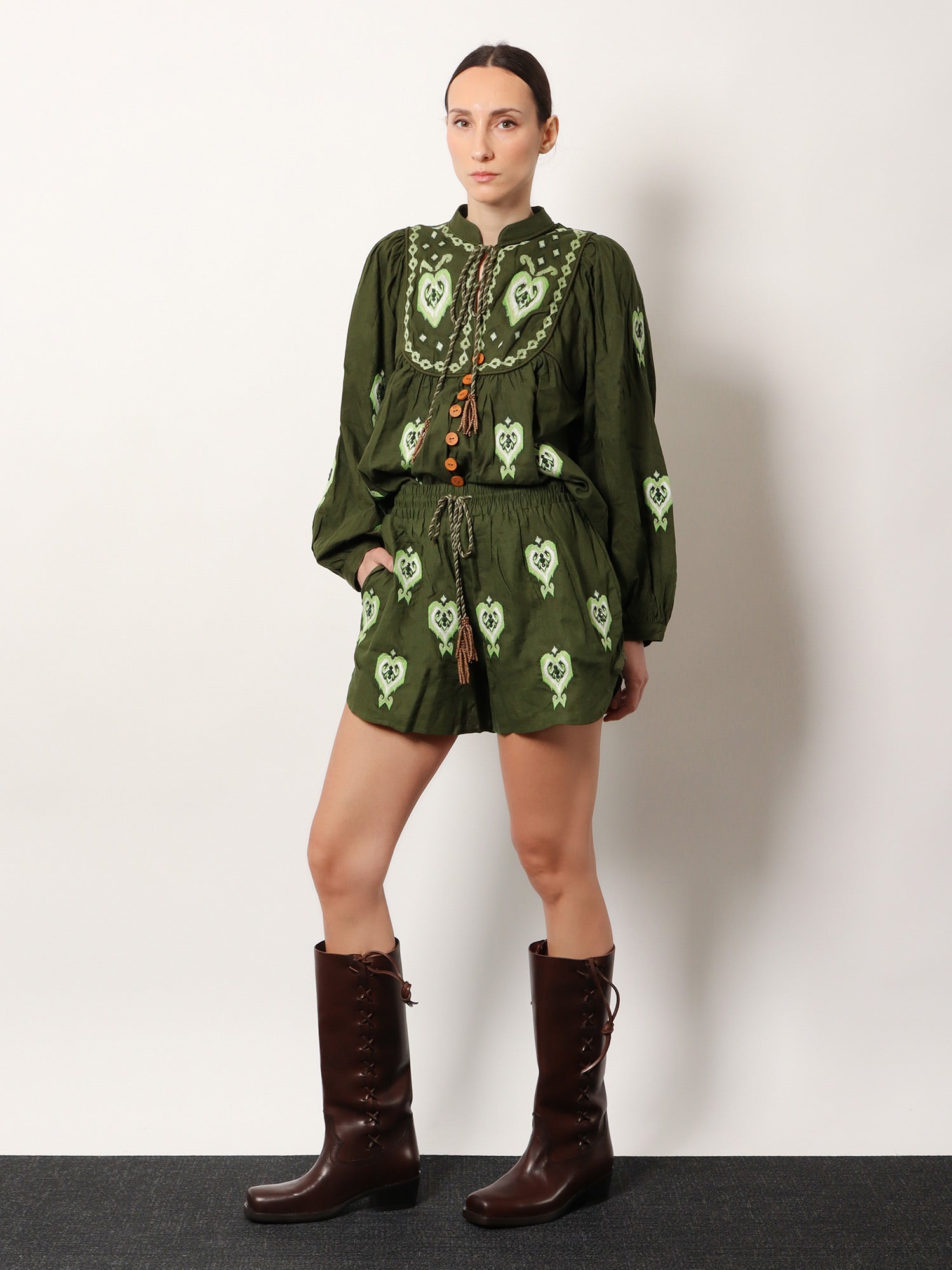 Farm Rio Heart Tapestry Embroidered Shorts — Green, view 2