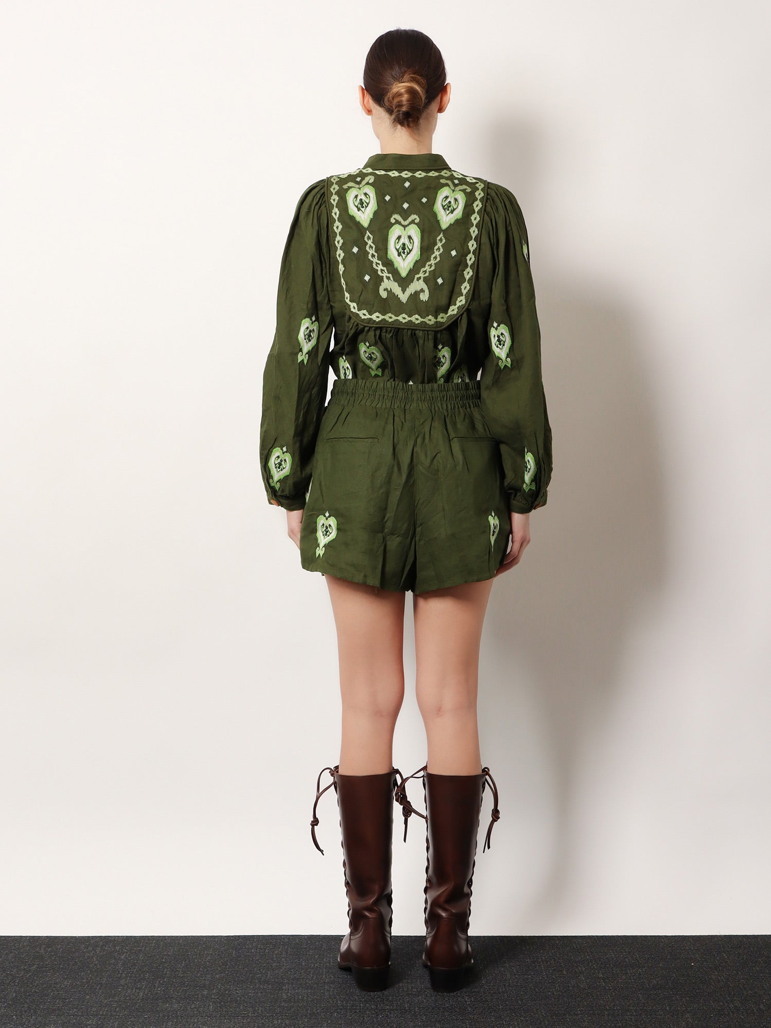 Farm Rio Heart Tapestry Embroidered Shorts — Green, view 3