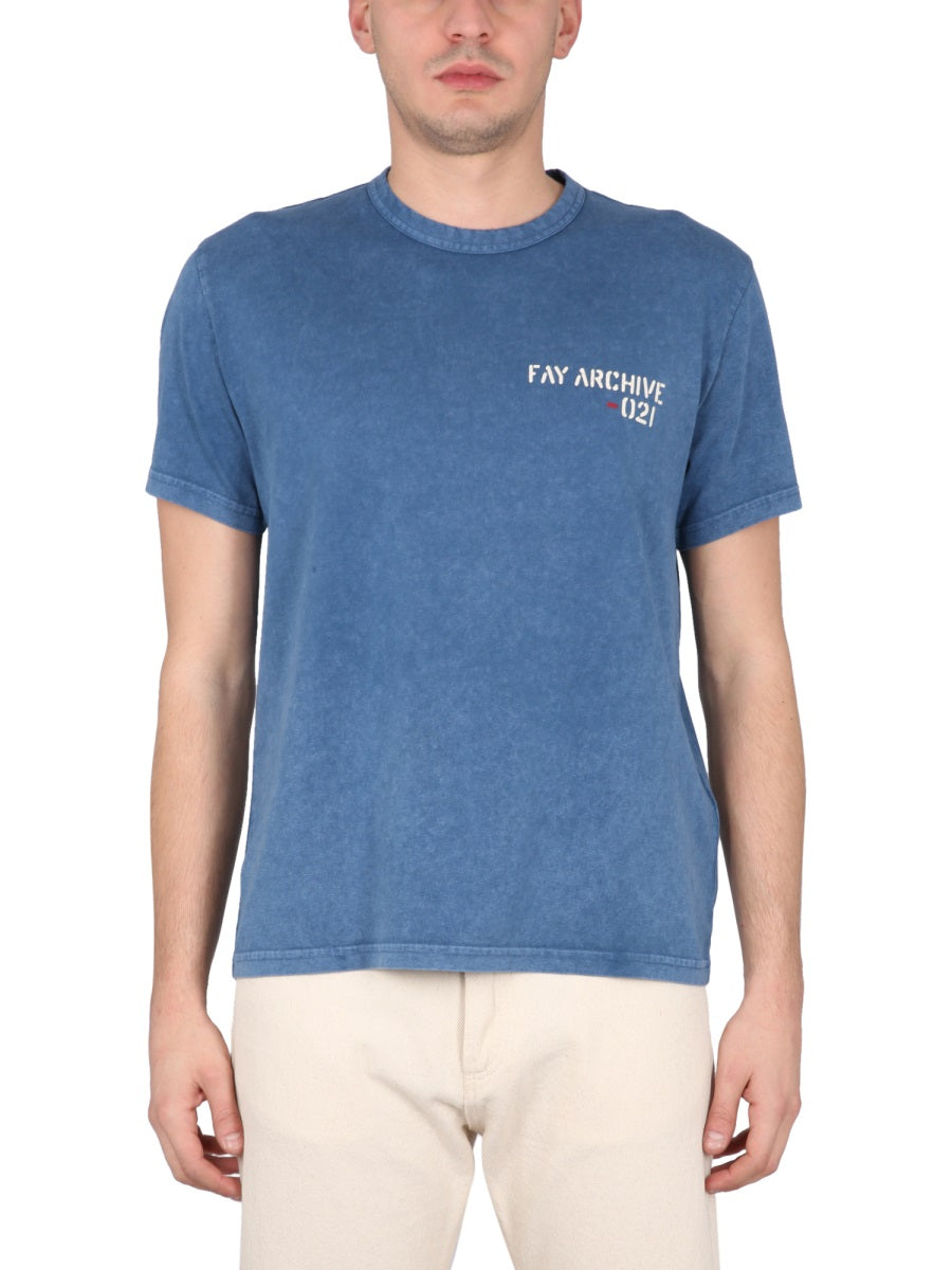 Fay Crewneck Logo-Print Cotton T-Shirt — Blue, view 2