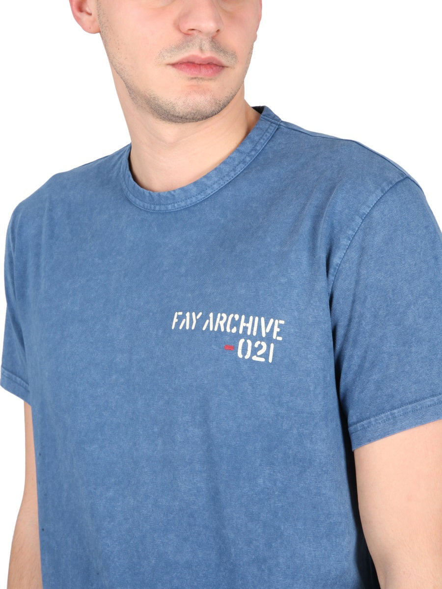 Fay Crewneck Logo-Print Cotton T-Shirt — Blue, view 4