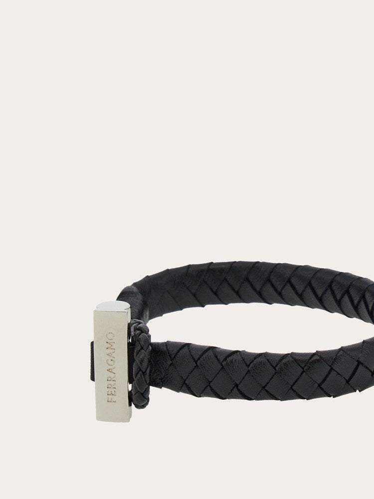 Ferragamo Mens Black Leather Braided Bracelet Bijoux, view 2