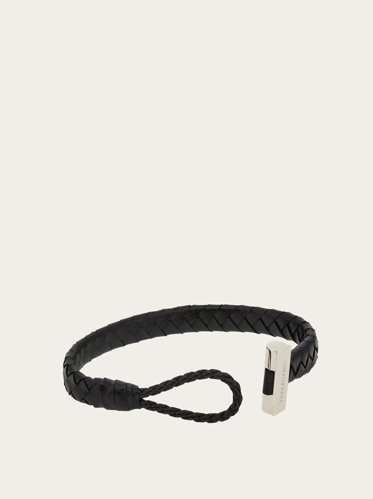 Ferragamo Mens Black Leather Braided Bracelet Bijoux, view 3