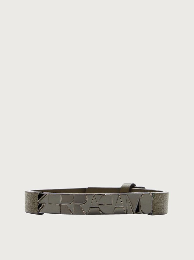 Ferragamo Mens Olive Leather Brass Bracelet Bijoux by Ferragamo