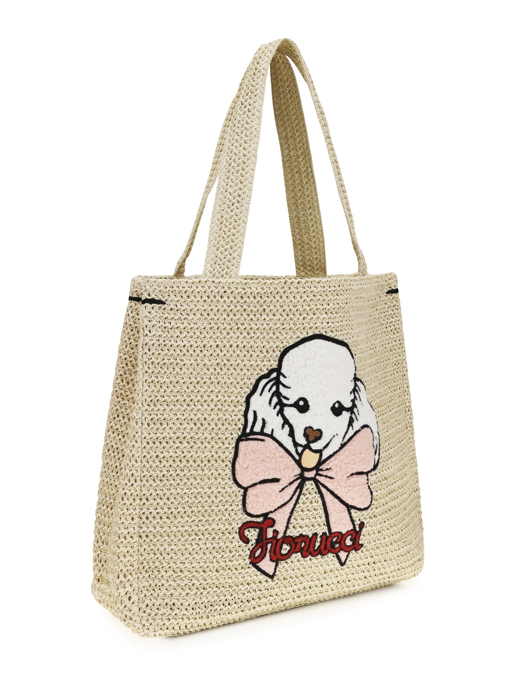 Fiorucci Poodle-Embroidered Raffia Tote Bag — Beige, view 2