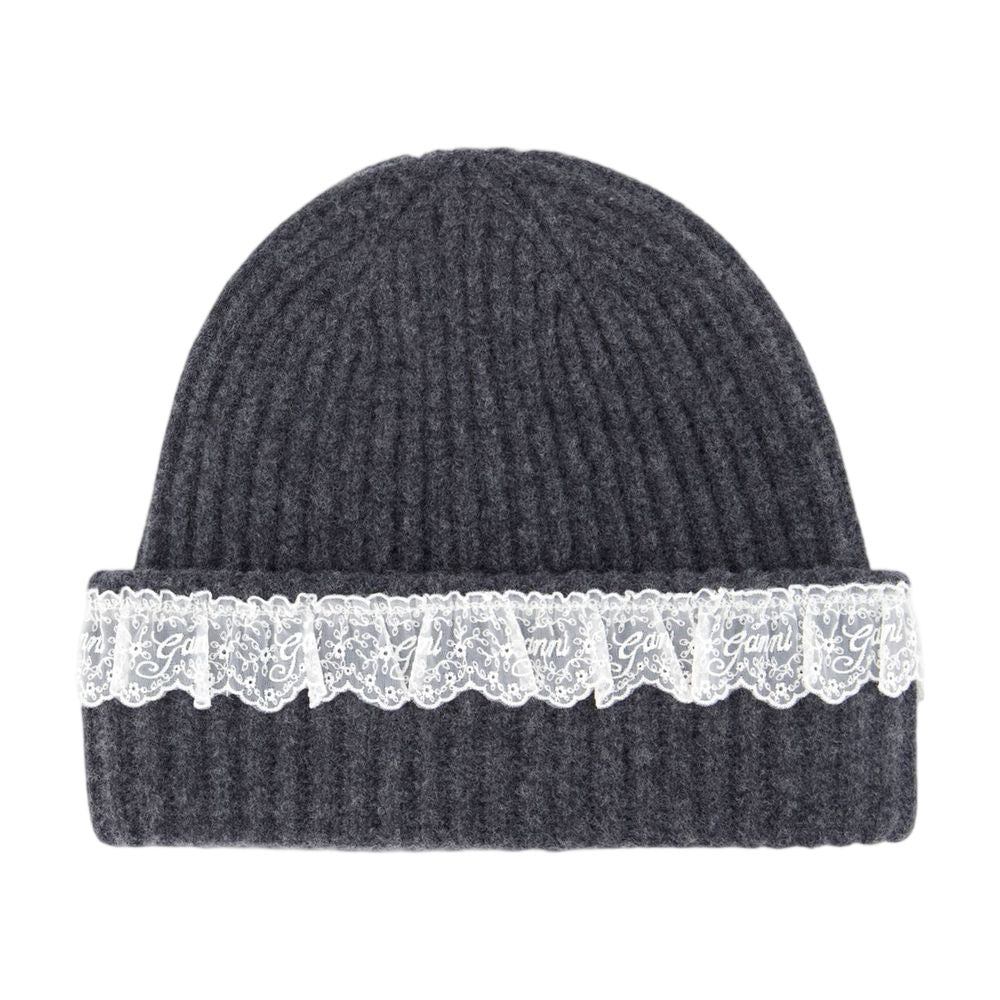 Ganni B3020240-252 Wool, Lace-Trim Beanie — Gray by Ganni