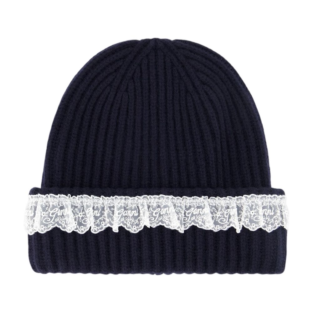 Ganni B3020240-683 Lace-Trimmed Wool Beanie — Black by Ganni