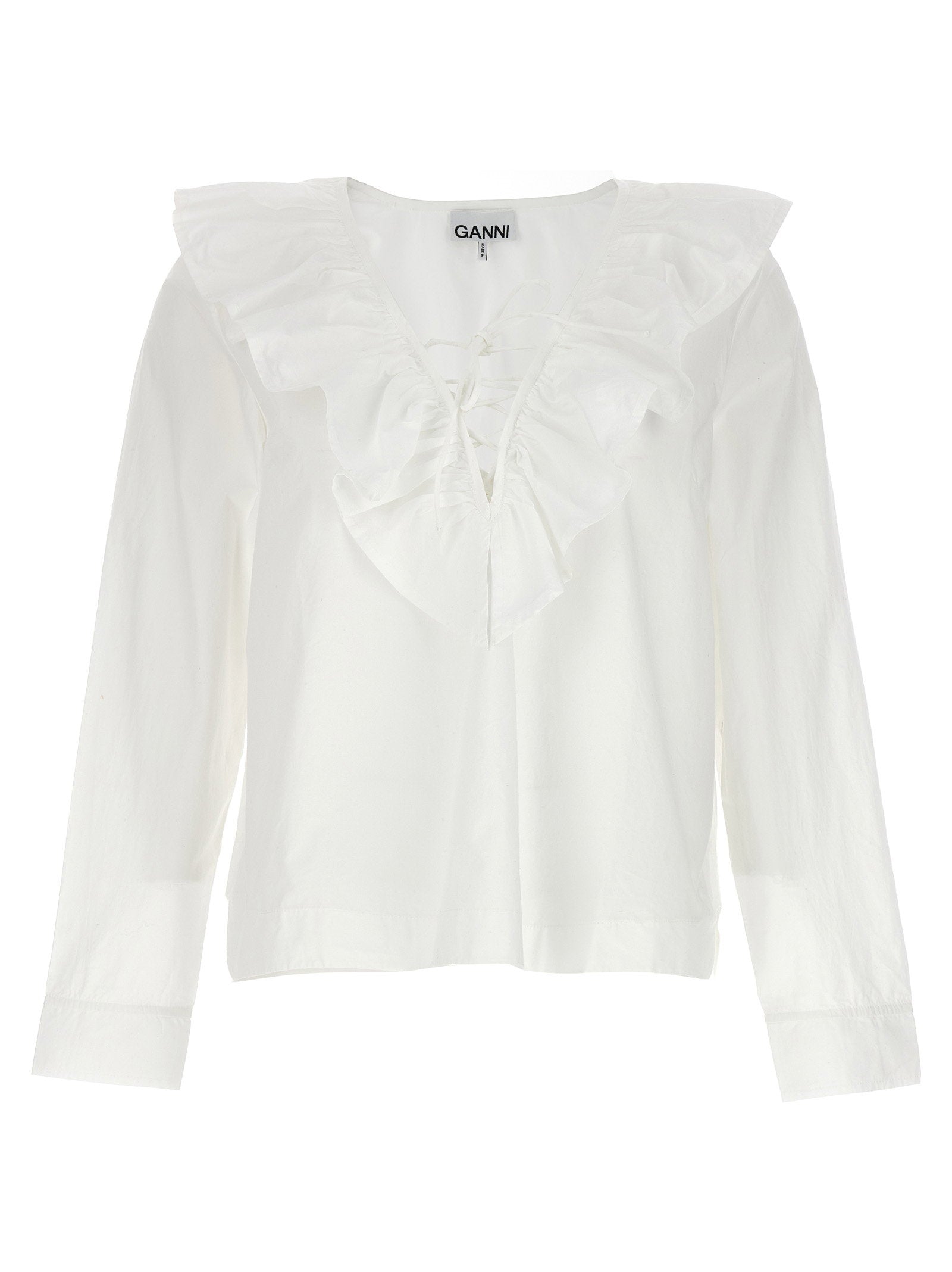 Ganni Ruffled Cotton Poplin Blouse — White by Ganni