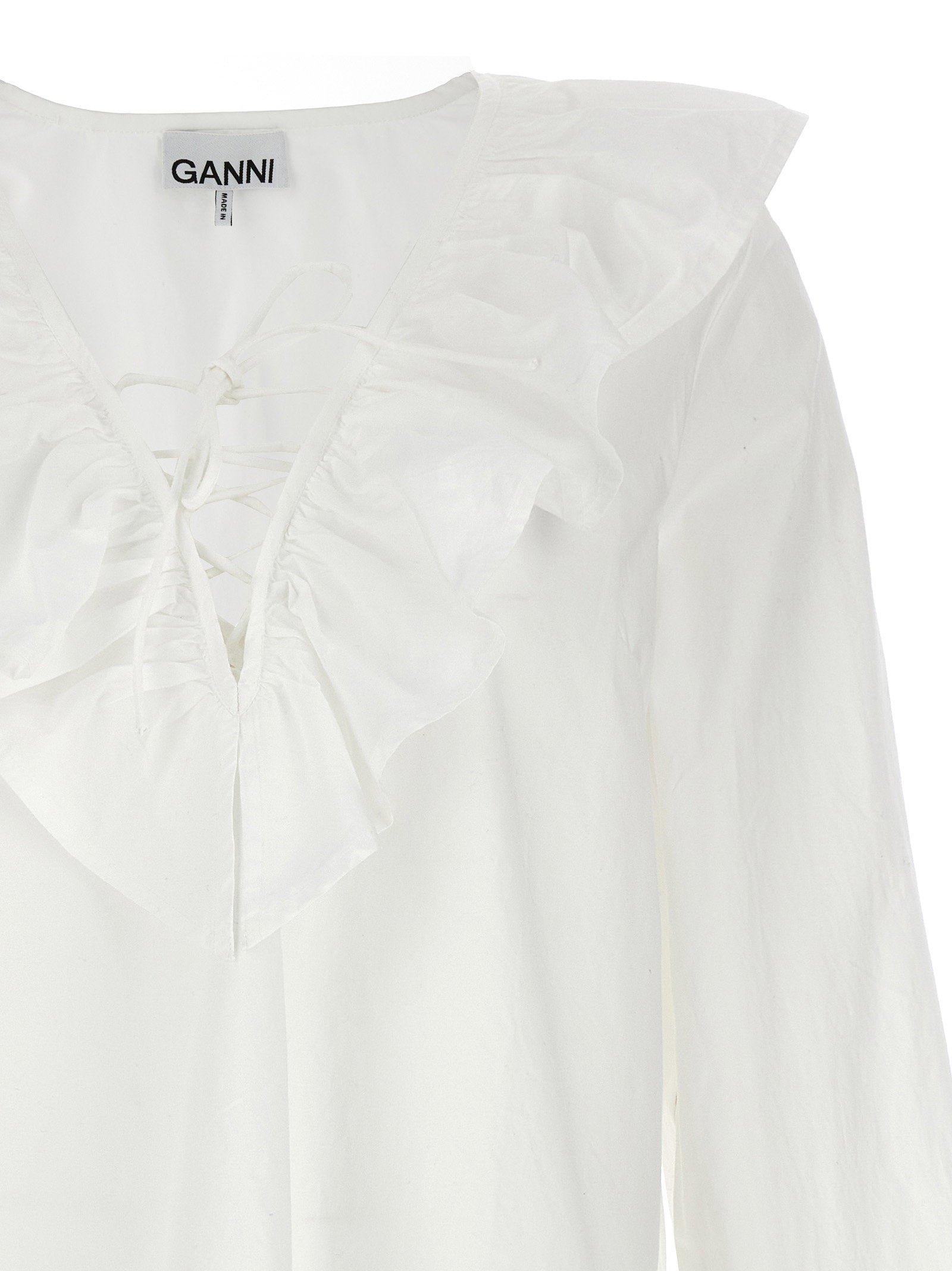 Ganni Ruffled Cotton Poplin Blouse — White, view 3
