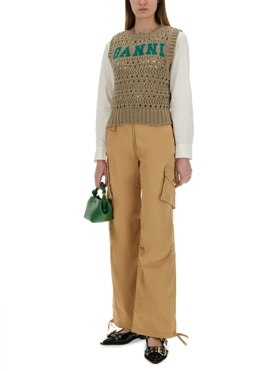 Ganni Organic Cotton Twill Cargo Pants — Beige, view 3