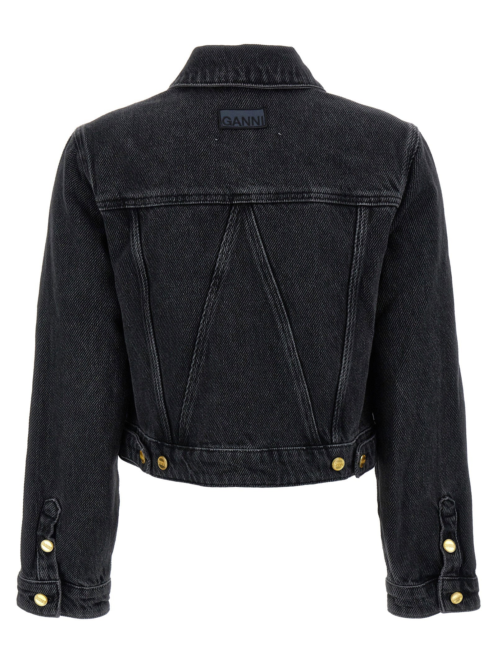Ganni Cropped Denim Jacket — Black, view 2