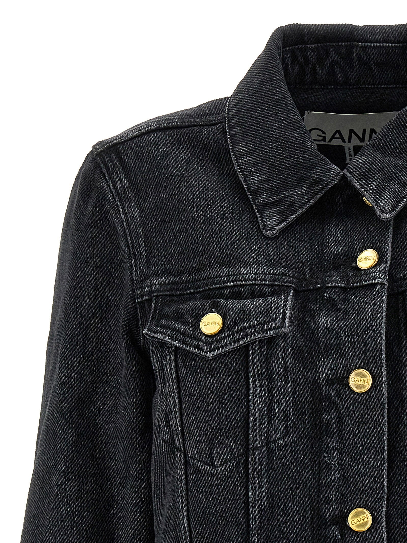 Ganni Cropped Denim Jacket — Black, view 3