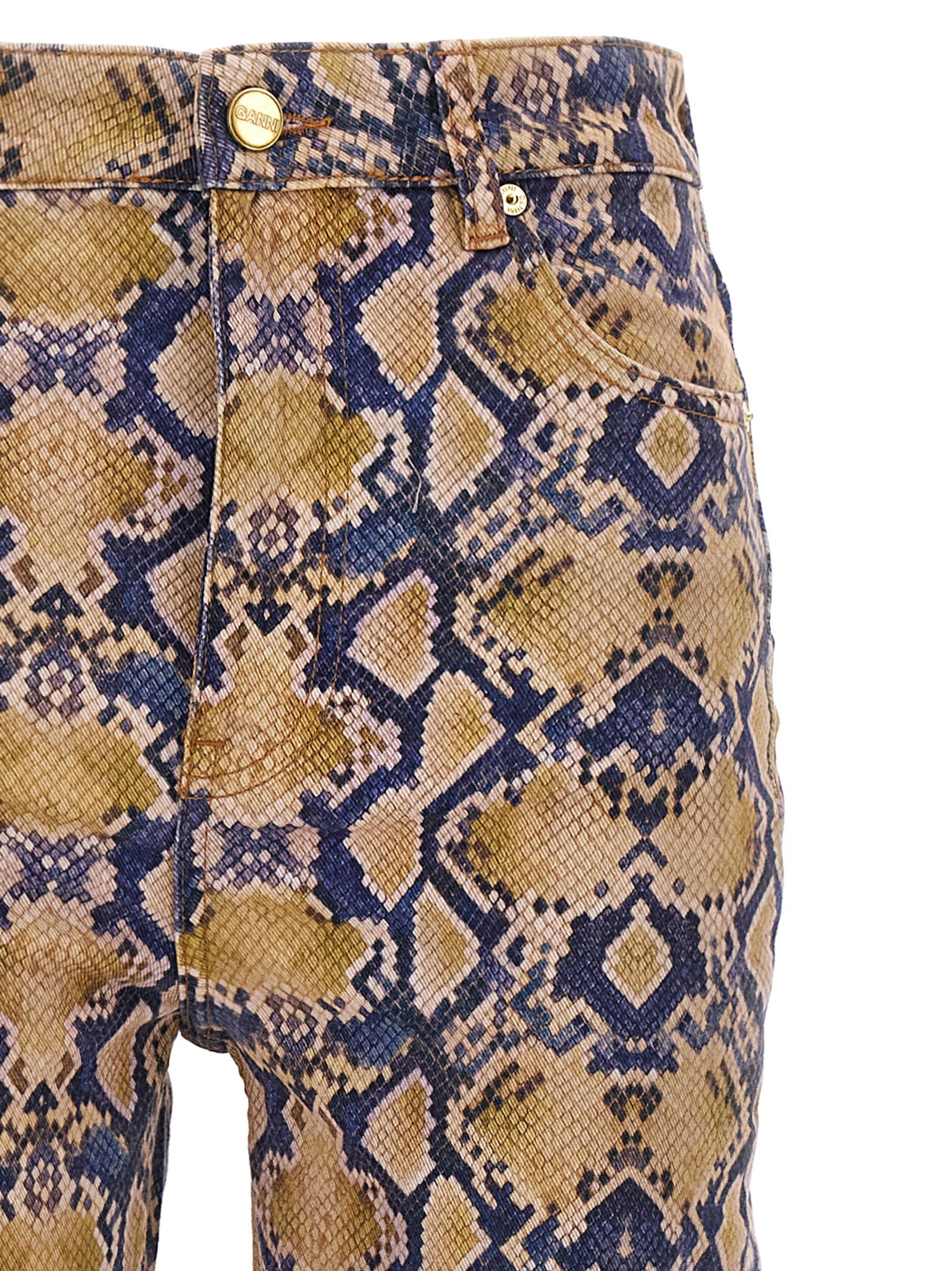 Ganni Python-Print Cotton Jeans — Gold, view 3