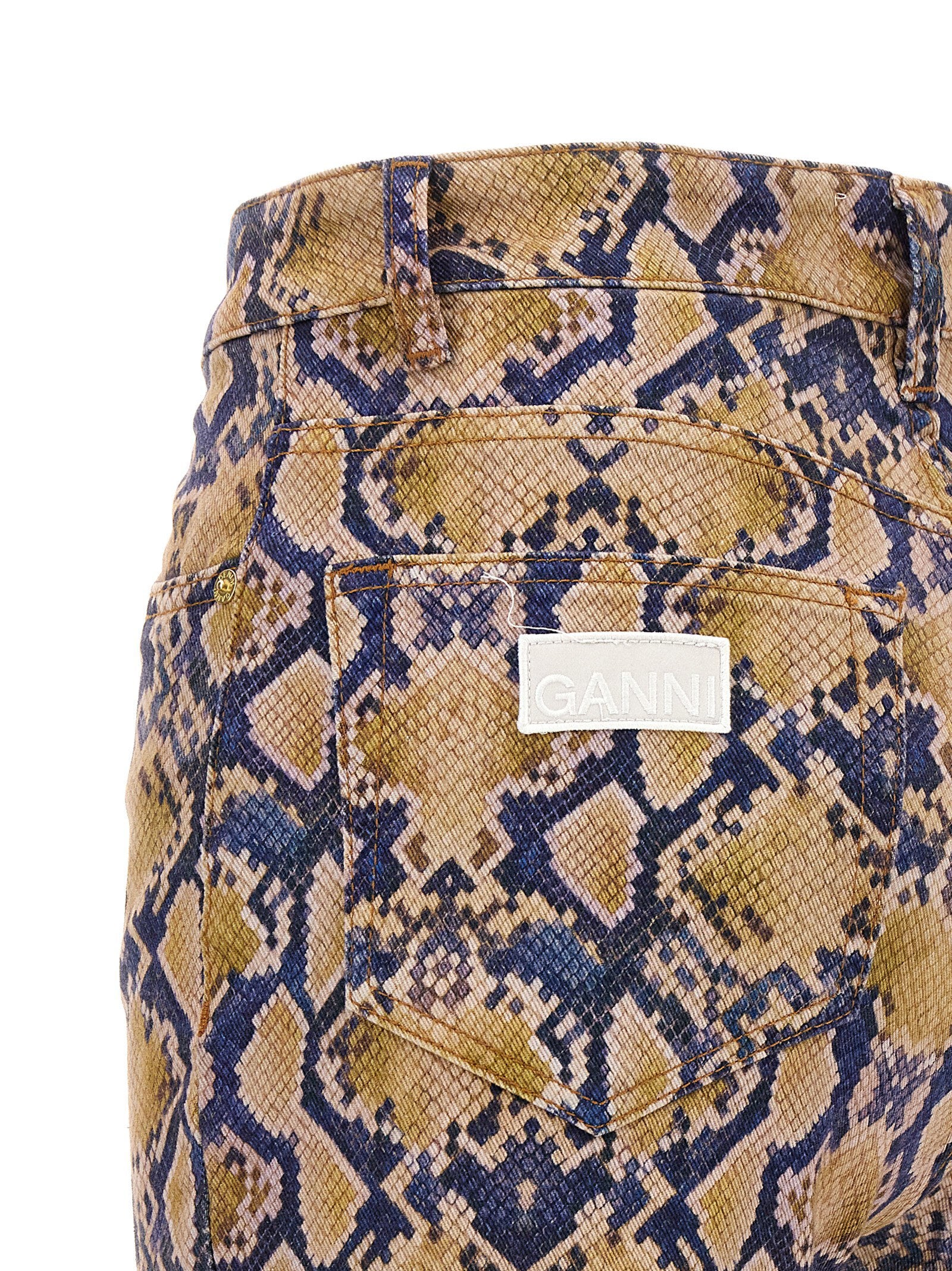 Ganni Python-Print Cotton Jeans — Gold, view 4